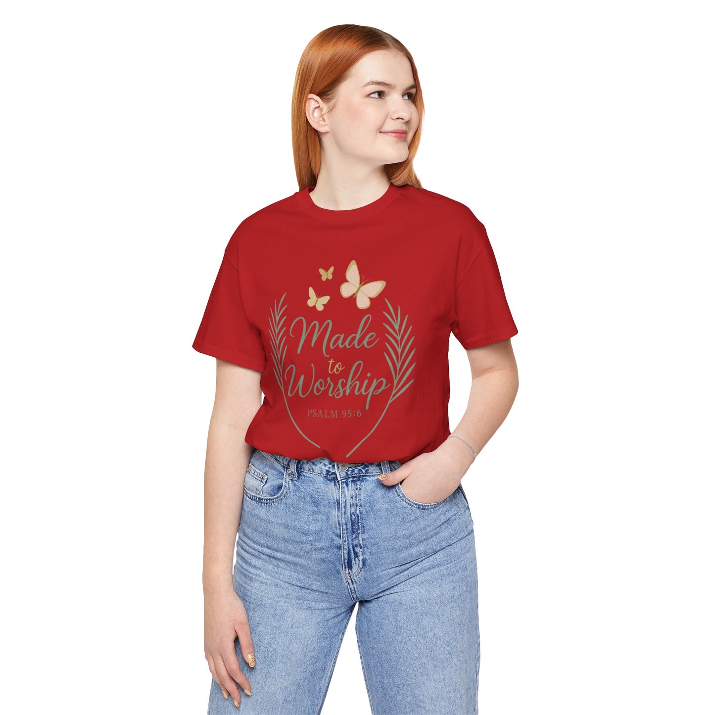 Made to Worship T-Shirt – Psalm 95:6 Christian Faith Tee with Butterflies