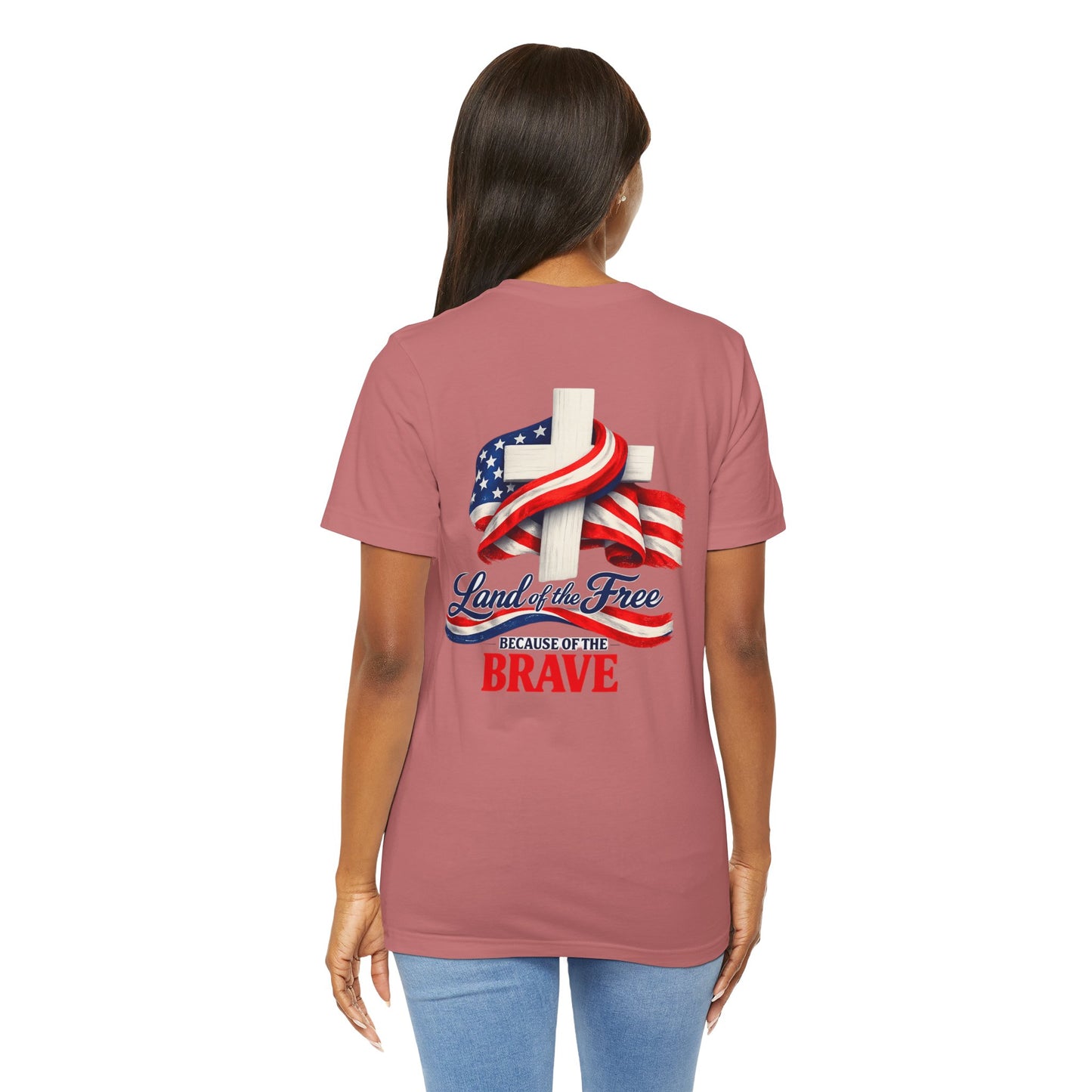 Land of the Free Because of the Brave Tee - Patriotic American Flag Cross T-Shirt