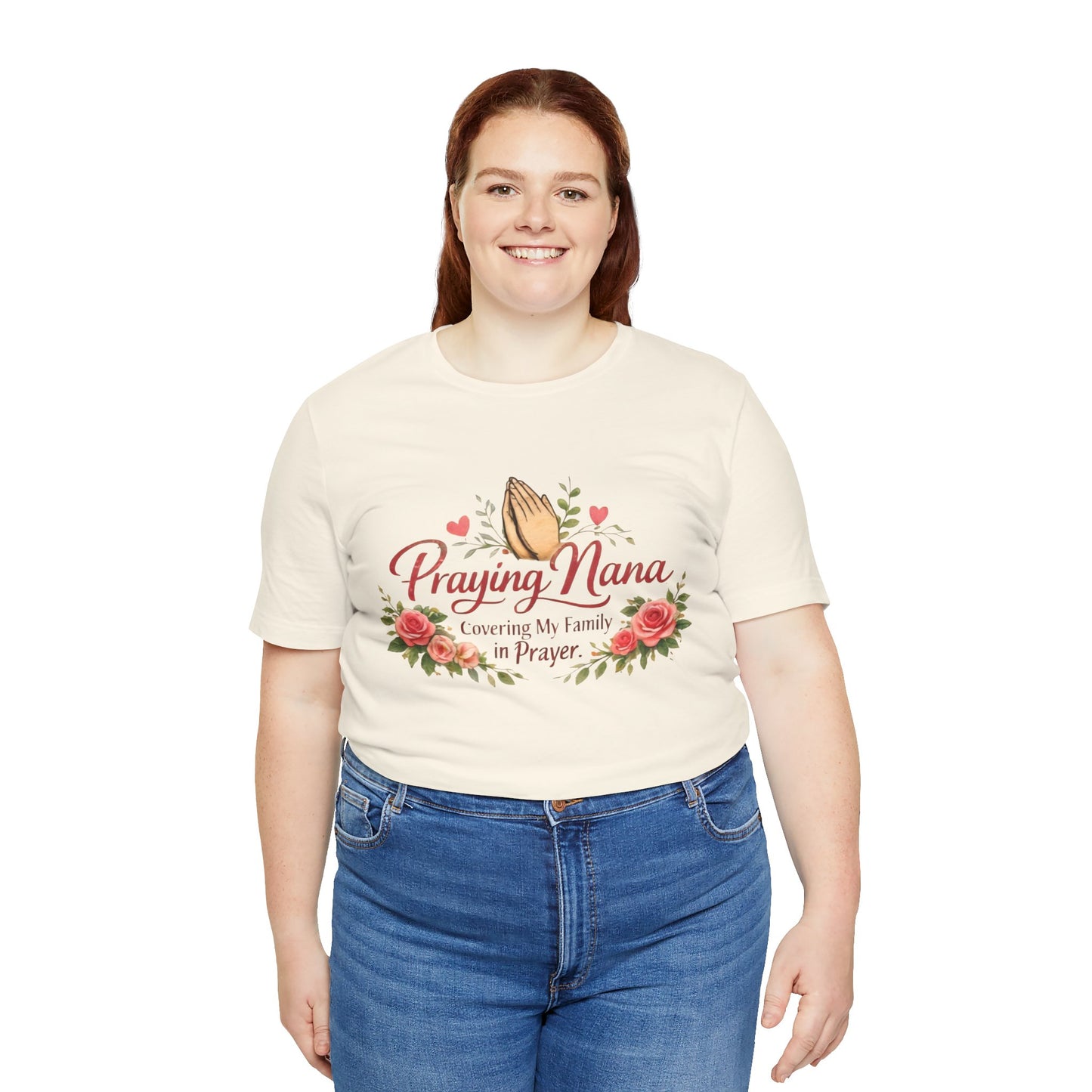 Praying Nana T-Shirt – Floral Praying Hands "Covering My Family in Prayer" Grandma Gift