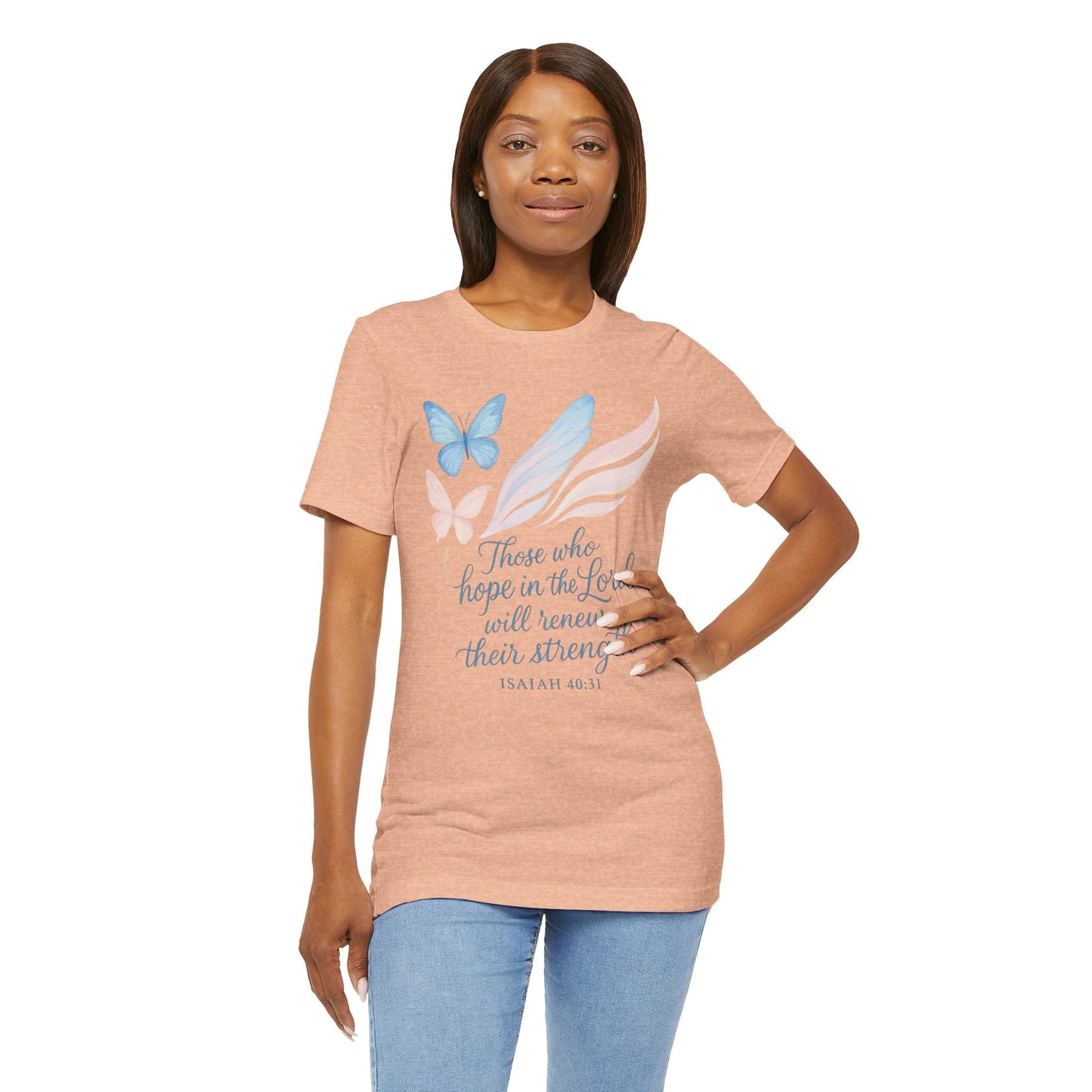 Inspirational Scripture T-Shirt – "Those Who Hope in the Lord" Isaiah 40:31, Pastel Butterflies