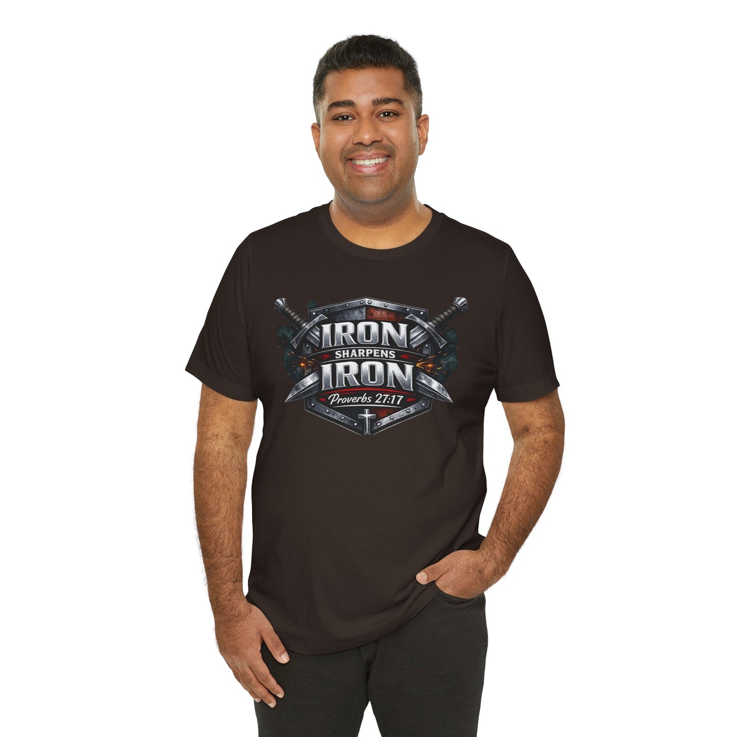 Iron Sharpens Iron T-Shirt — Faith-Based Proverbs 27:17 Graphic Tee