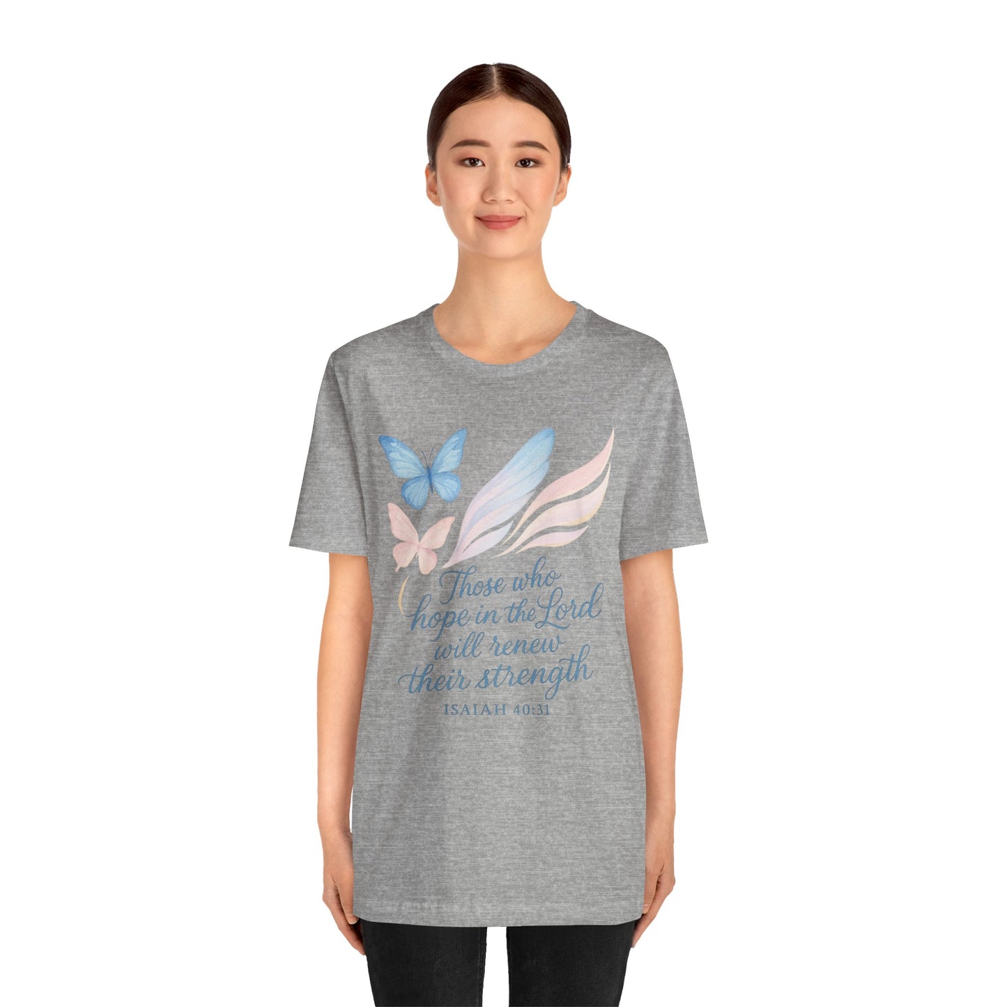 Inspirational Scripture T-Shirt – "Those Who Hope in the Lord" Isaiah 40:31, Pastel Butterflies