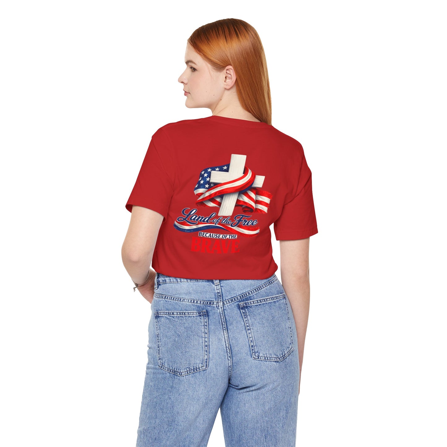 Land of the Free Because of the Brave Tee - Patriotic American Flag Cross T-Shirt