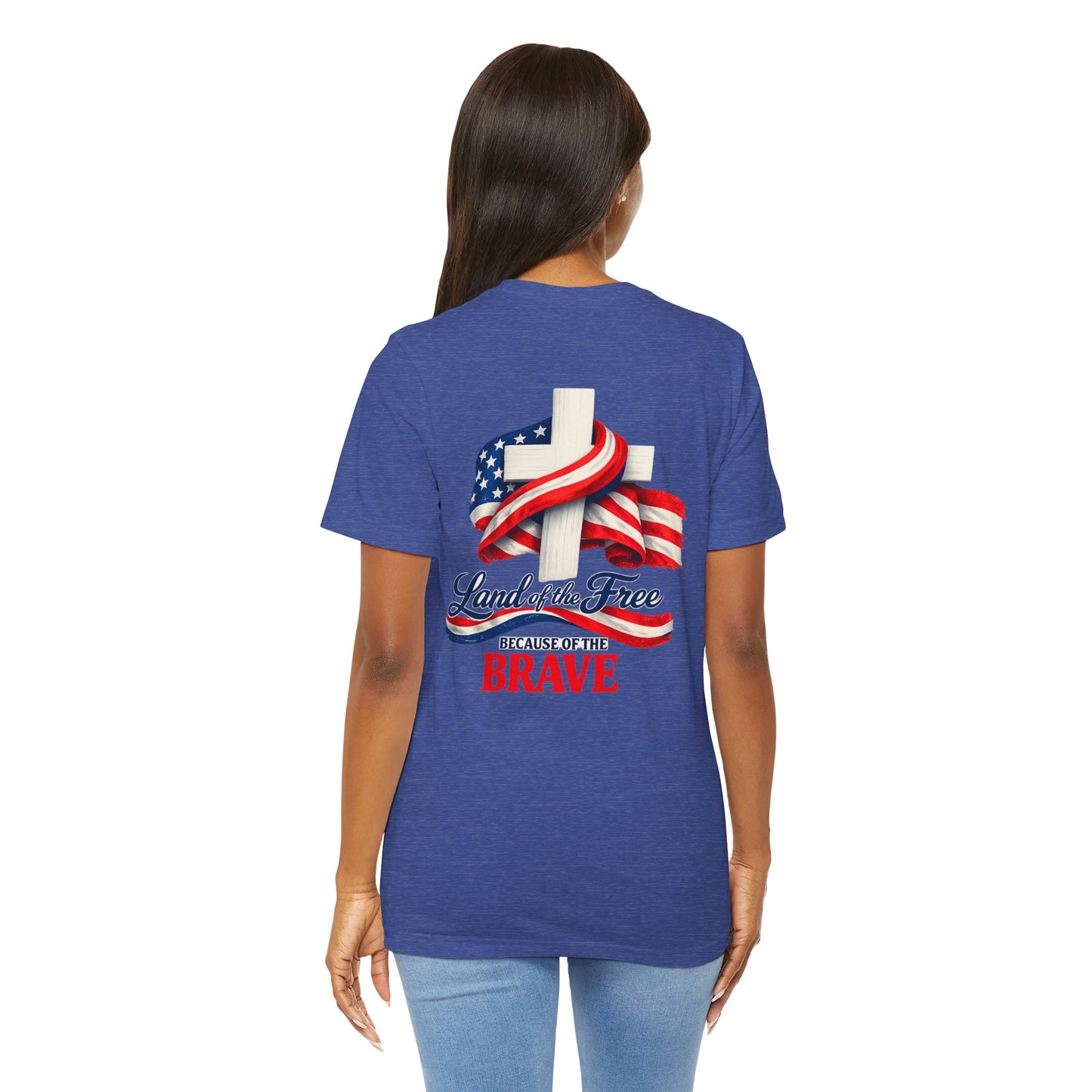 Land of the Free Because of the Brave Tee - Patriotic American Flag Cross T-Shirt