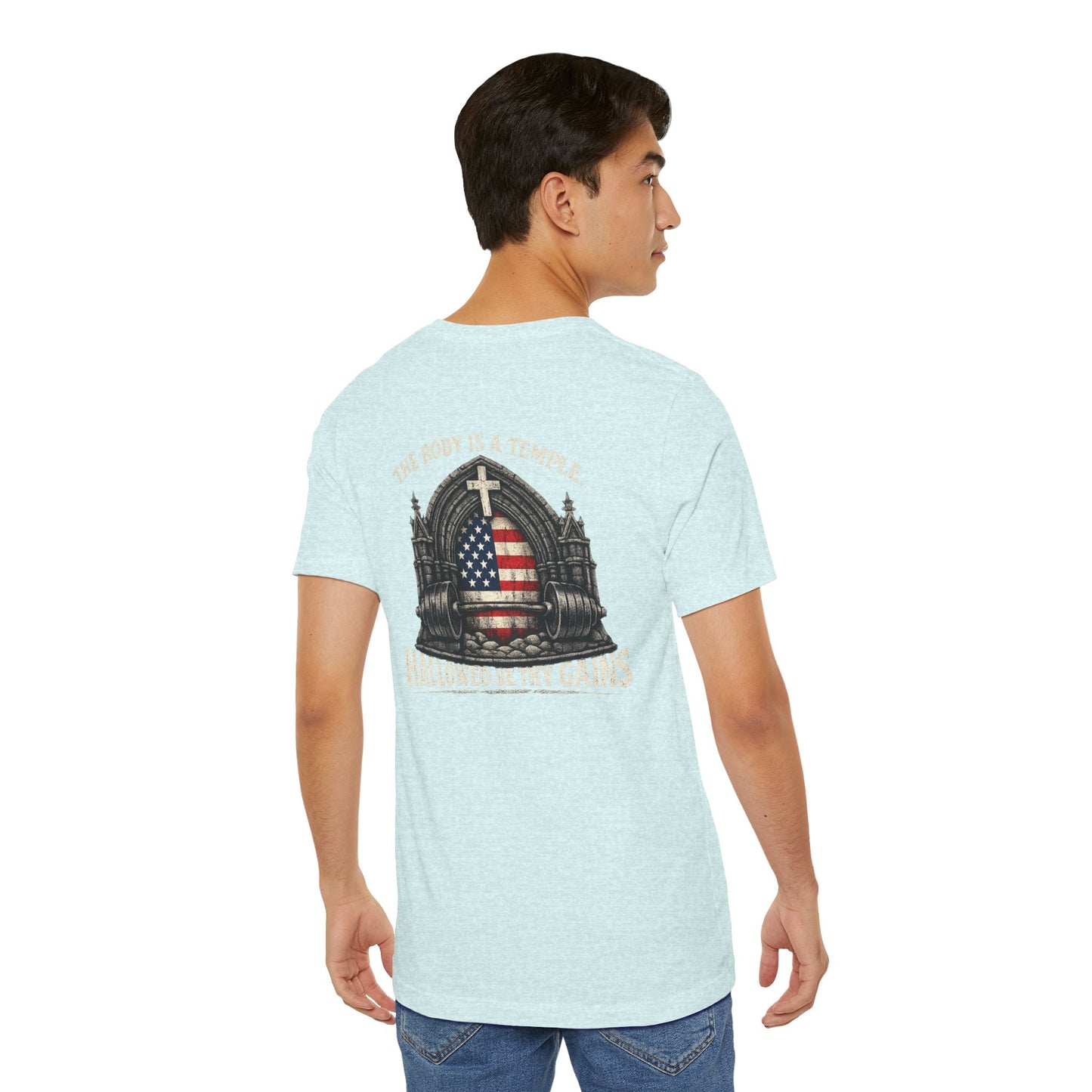 Patriotic Gym Tee — “The Body Is a Temple” American Flag Fitness T-Shirt