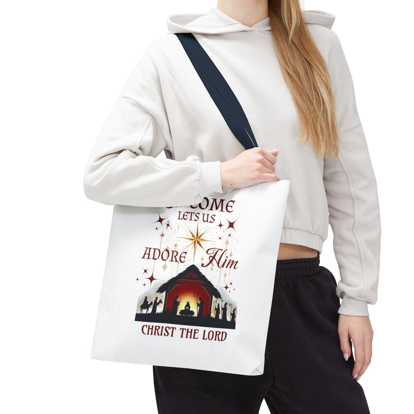 Nativity Scene Tote Bag with 'Oh come let us adore Him, Christ the Lord' Phrase