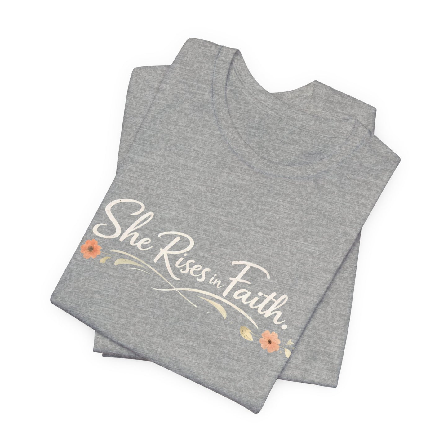 "She Rises In Faith" Chest Tee – Delicate Peach Blossom Graphic