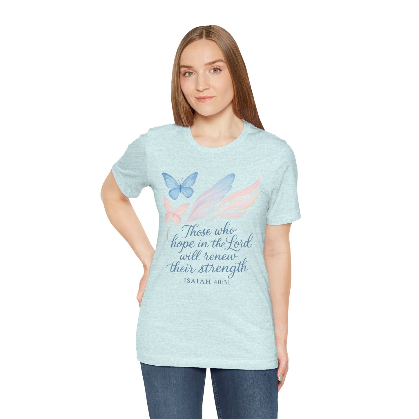 Inspirational Scripture T-Shirt – "Those Who Hope in the Lord" Isaiah 40:31, Pastel Butterflies