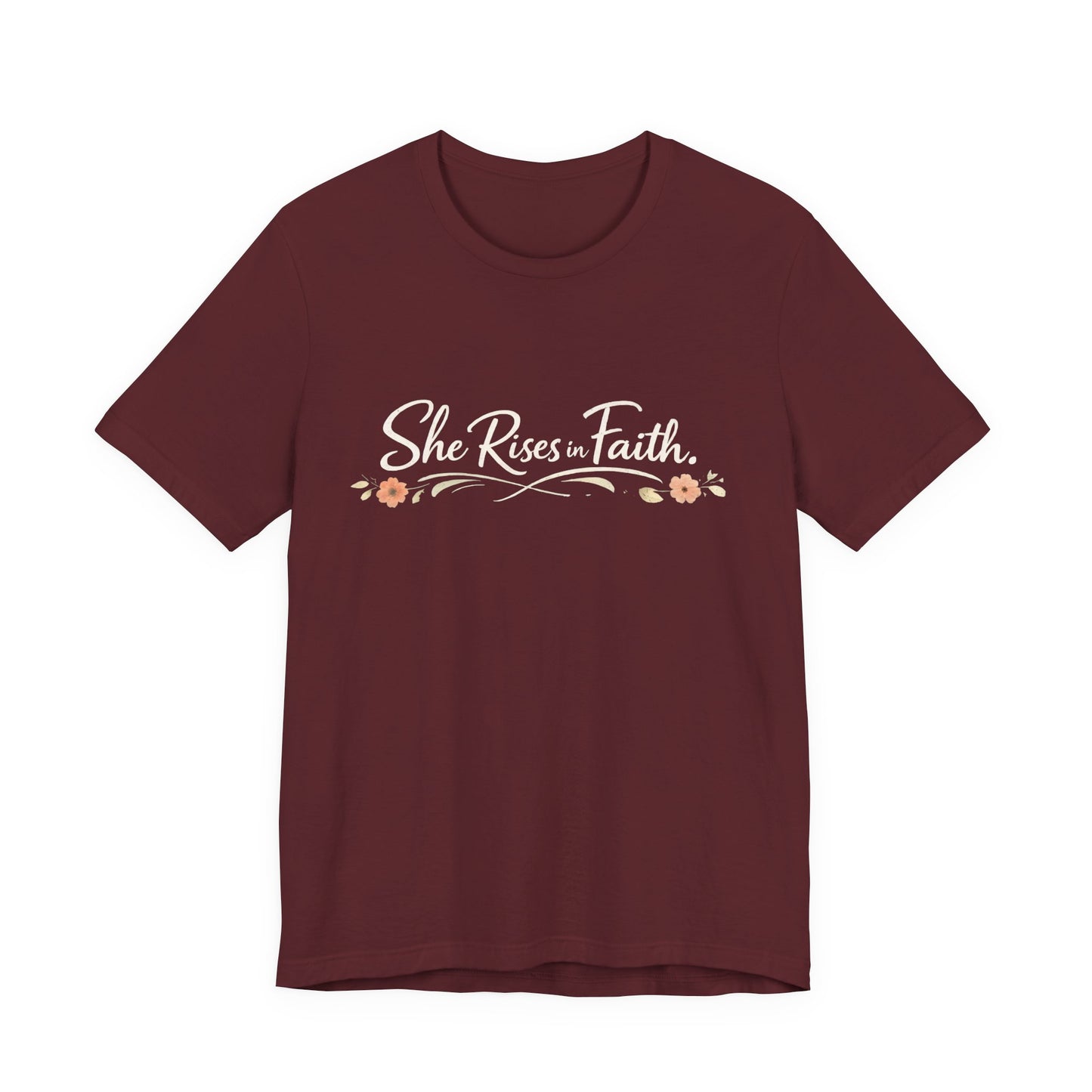 "She Rises In Faith" Chest Tee – Delicate Peach Blossom Graphic