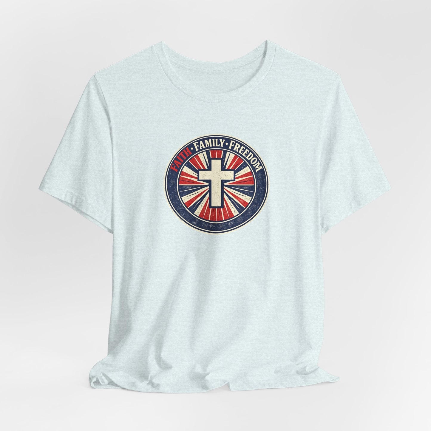 Faith Family Freedom T‑Shirt — Cross Emblem Patriotic Graphic Tee