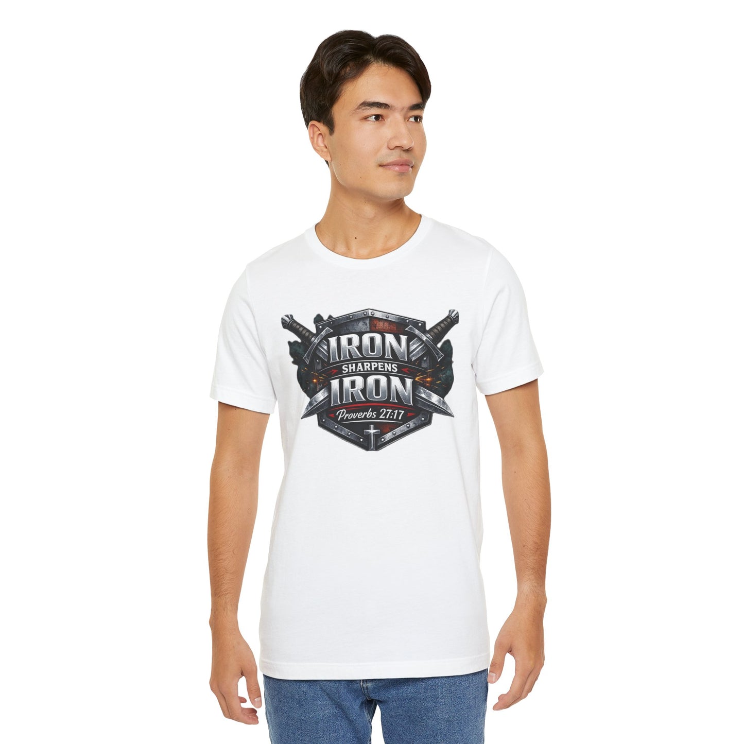 Iron Sharpens Iron T-Shirt — Faith-Based Proverbs 27:17 Graphic Tee