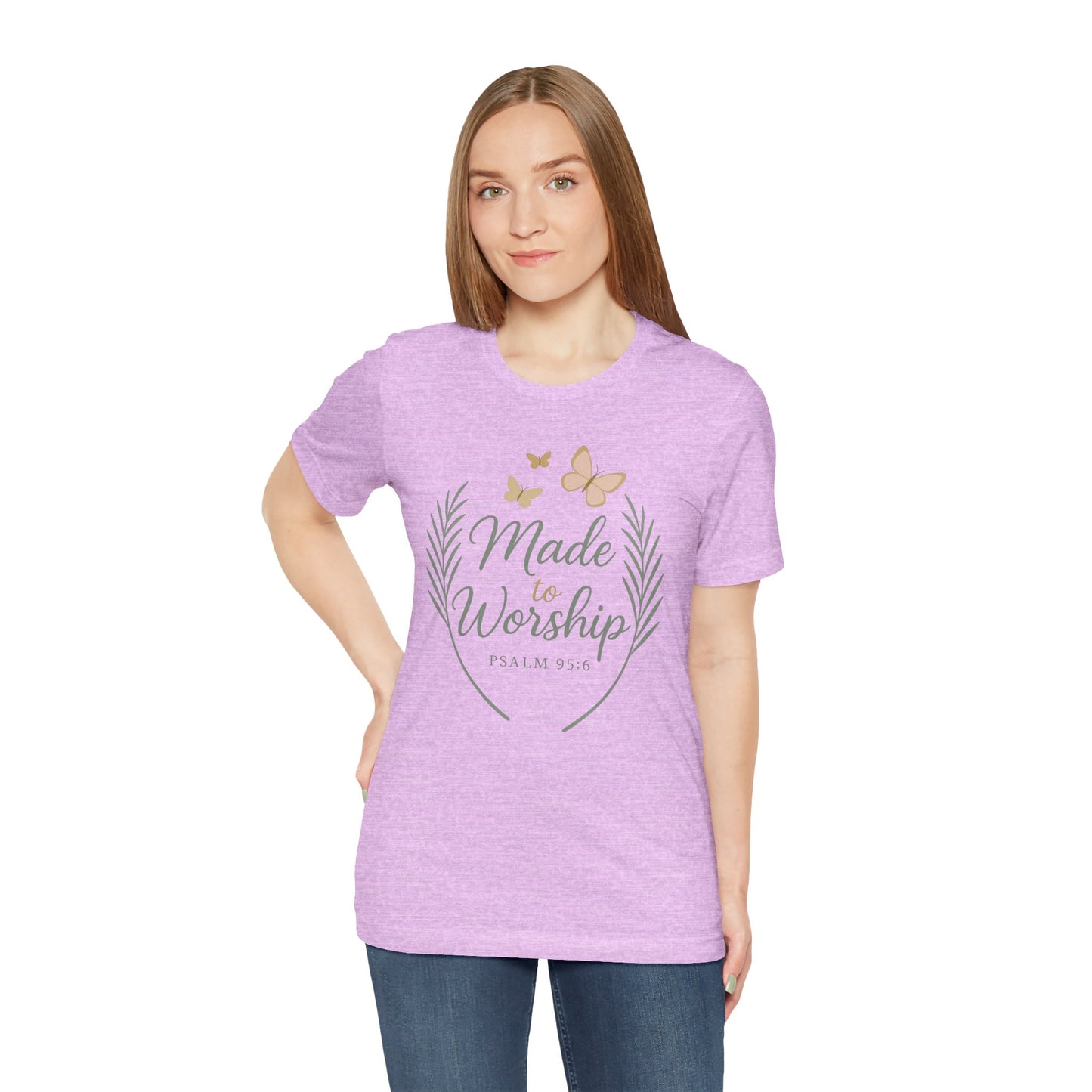 Made to Worship T-Shirt – Psalm 95:6 Christian Faith Tee with Butterflies