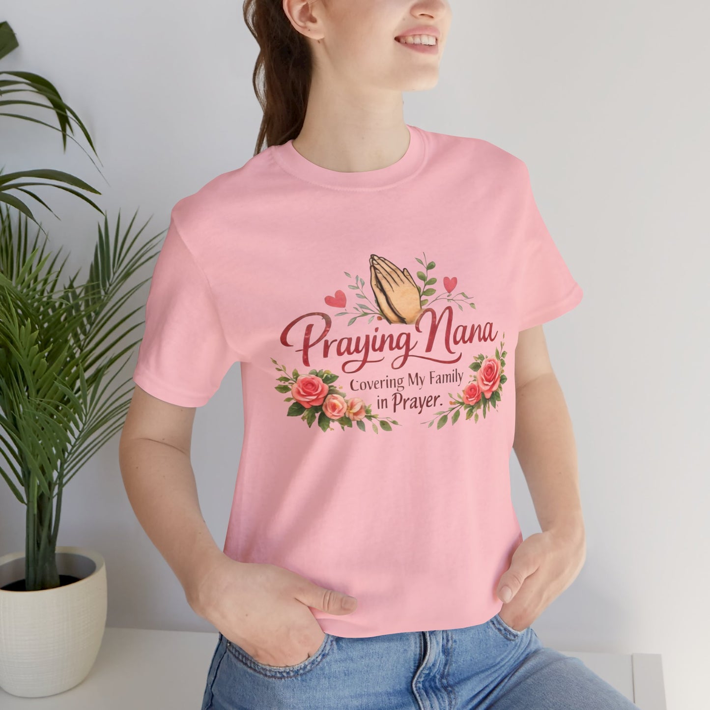 Praying Nana T-Shirt – Floral Praying Hands "Covering My Family in Prayer" Grandma Gift