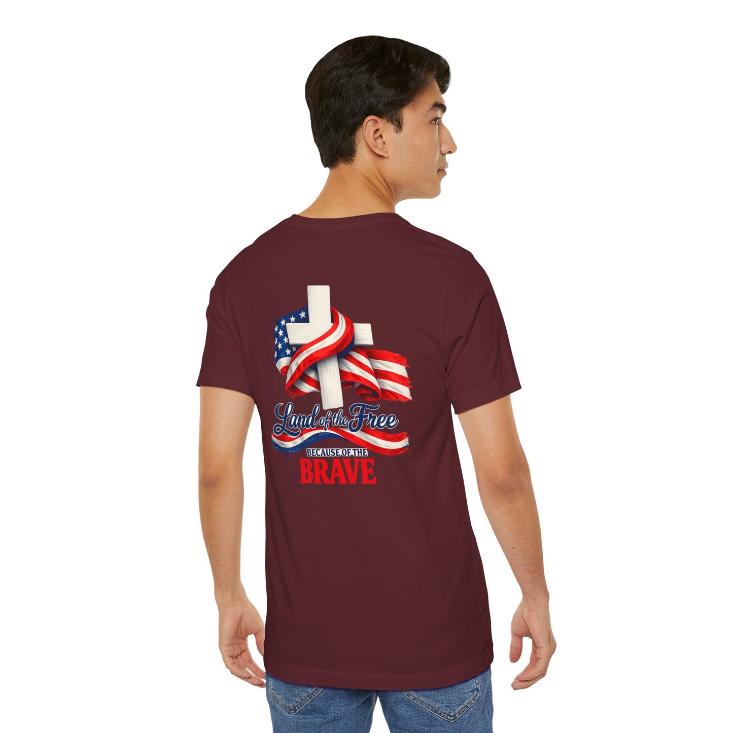 Land of the Free Because of the Brave Tee - Patriotic American Flag Cross T-Shirt