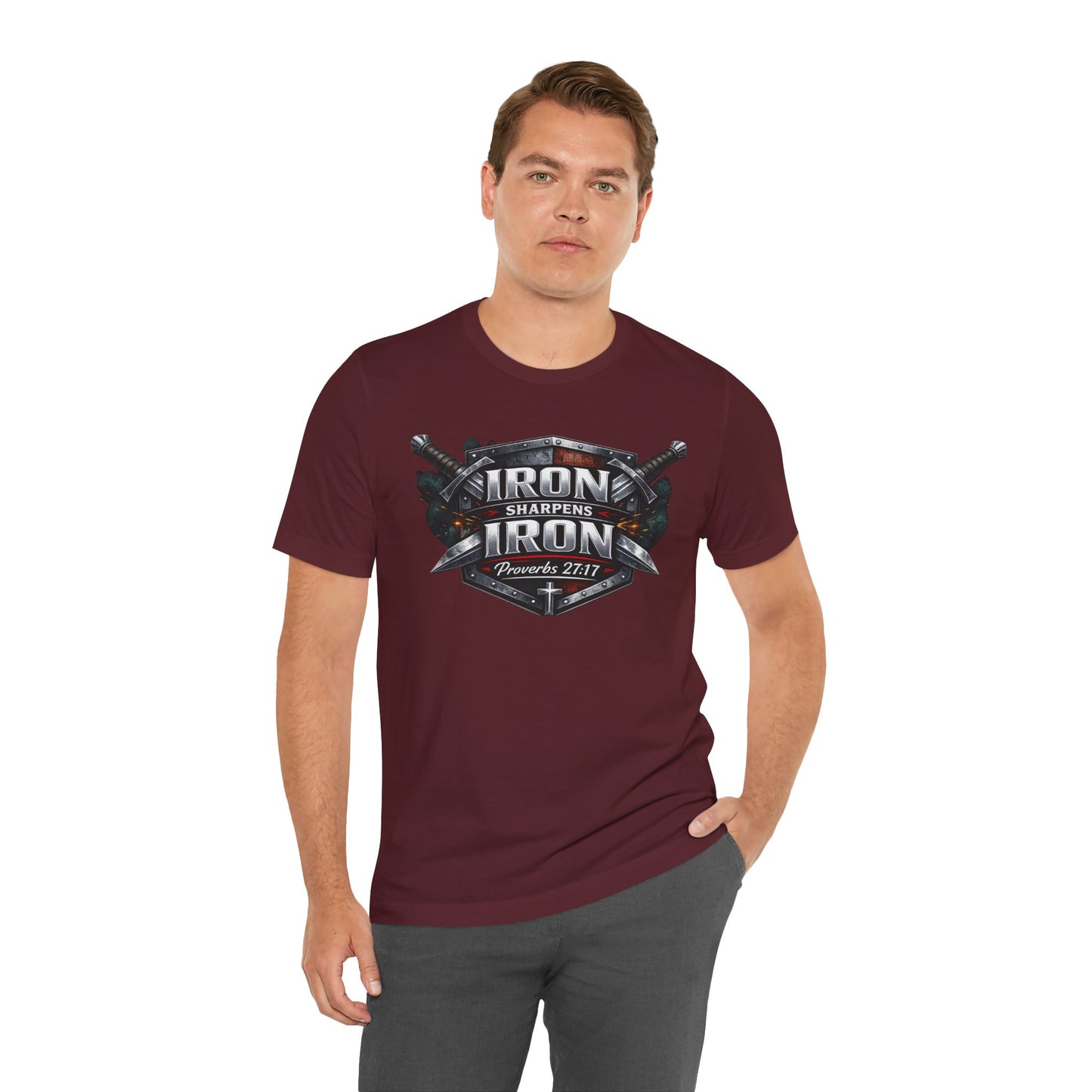 Iron Sharpens Iron T-Shirt — Faith-Based Proverbs 27:17 Graphic Tee