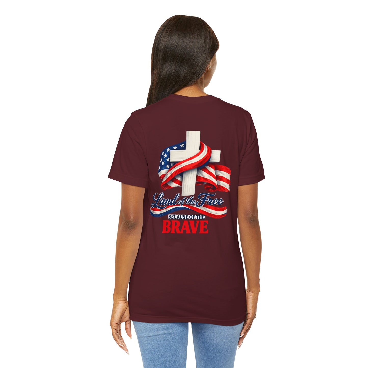 Land of the Free Because of the Brave Tee - Patriotic American Flag Cross T-Shirt