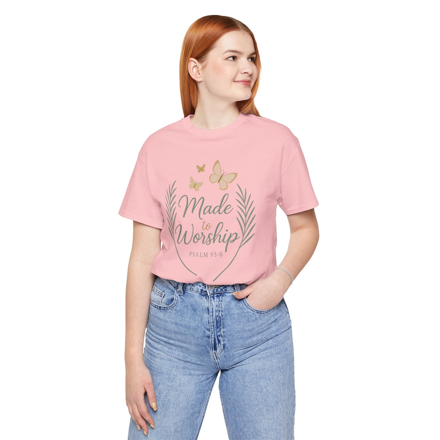 Made to Worship T-Shirt – Psalm 95:6 Christian Faith Tee with Butterflies