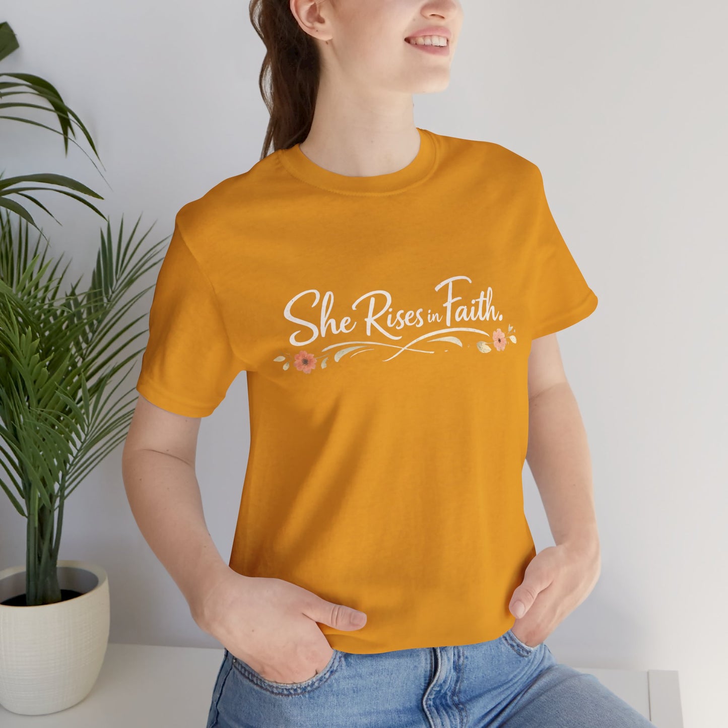 "She Rises In Faith" Chest Tee – Delicate Peach Blossom Graphic