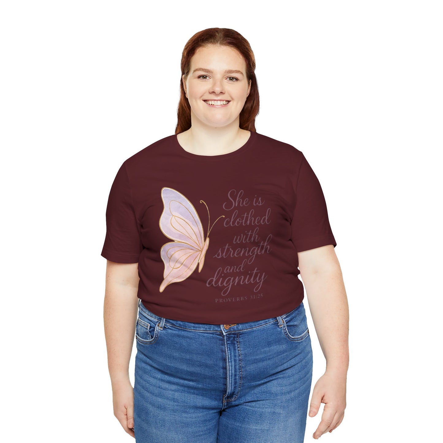 Inspirational "She is clothed with strength and dignity" Butterfly T-Shirt