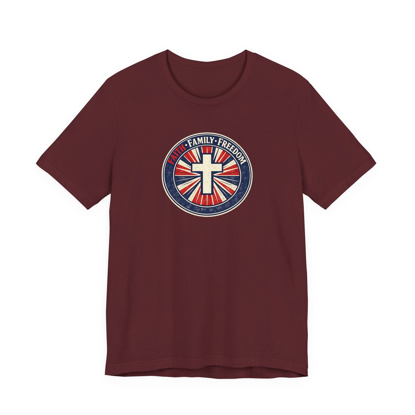 Faith Family Freedom T‑Shirt — Cross Emblem Patriotic Graphic Tee