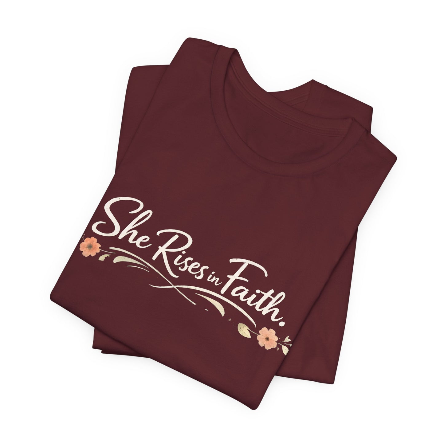 "She Rises In Faith" Chest Tee – Delicate Peach Blossom Graphic