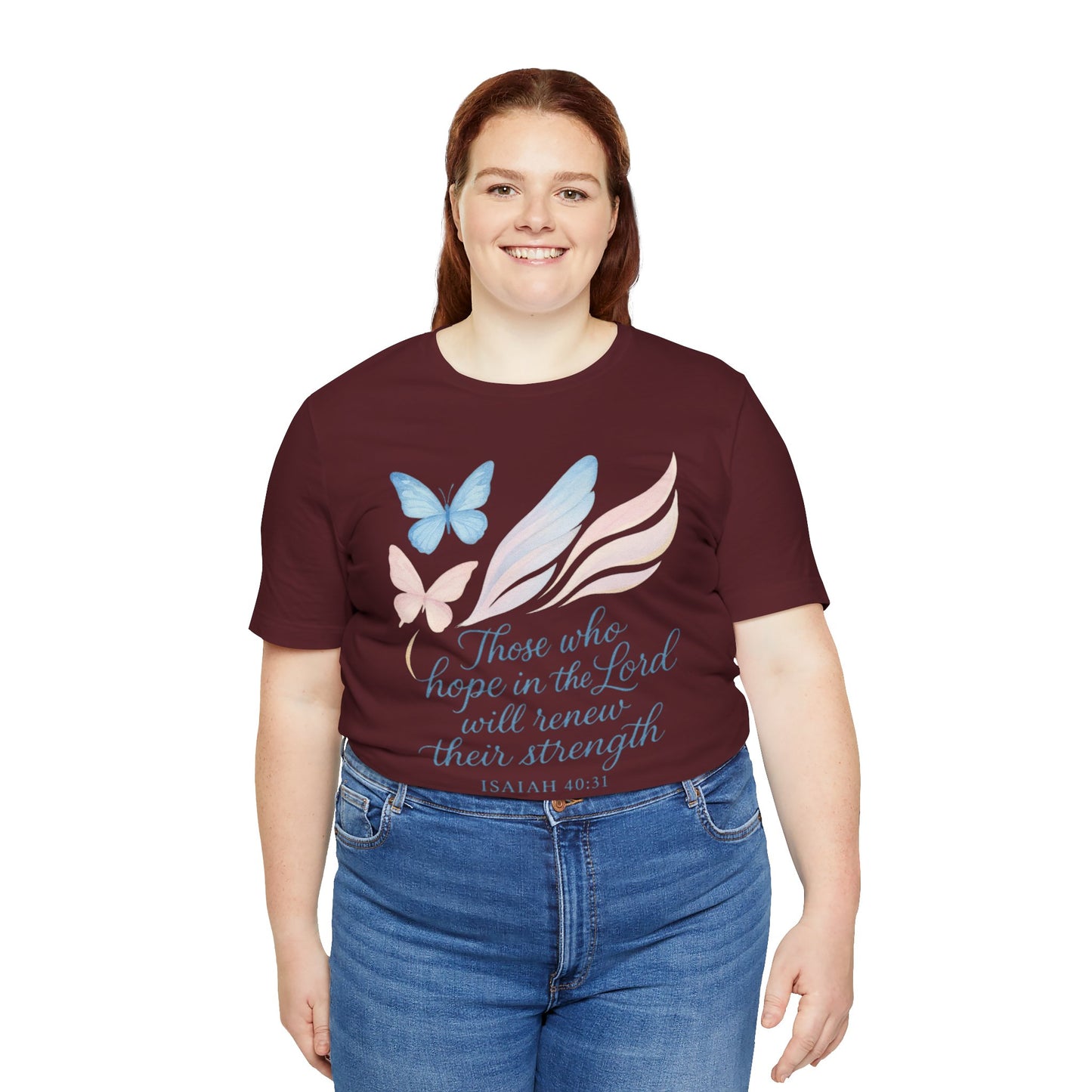 Inspirational Scripture T-Shirt – "Those Who Hope in the Lord" Isaiah 40:31, Pastel Butterflies