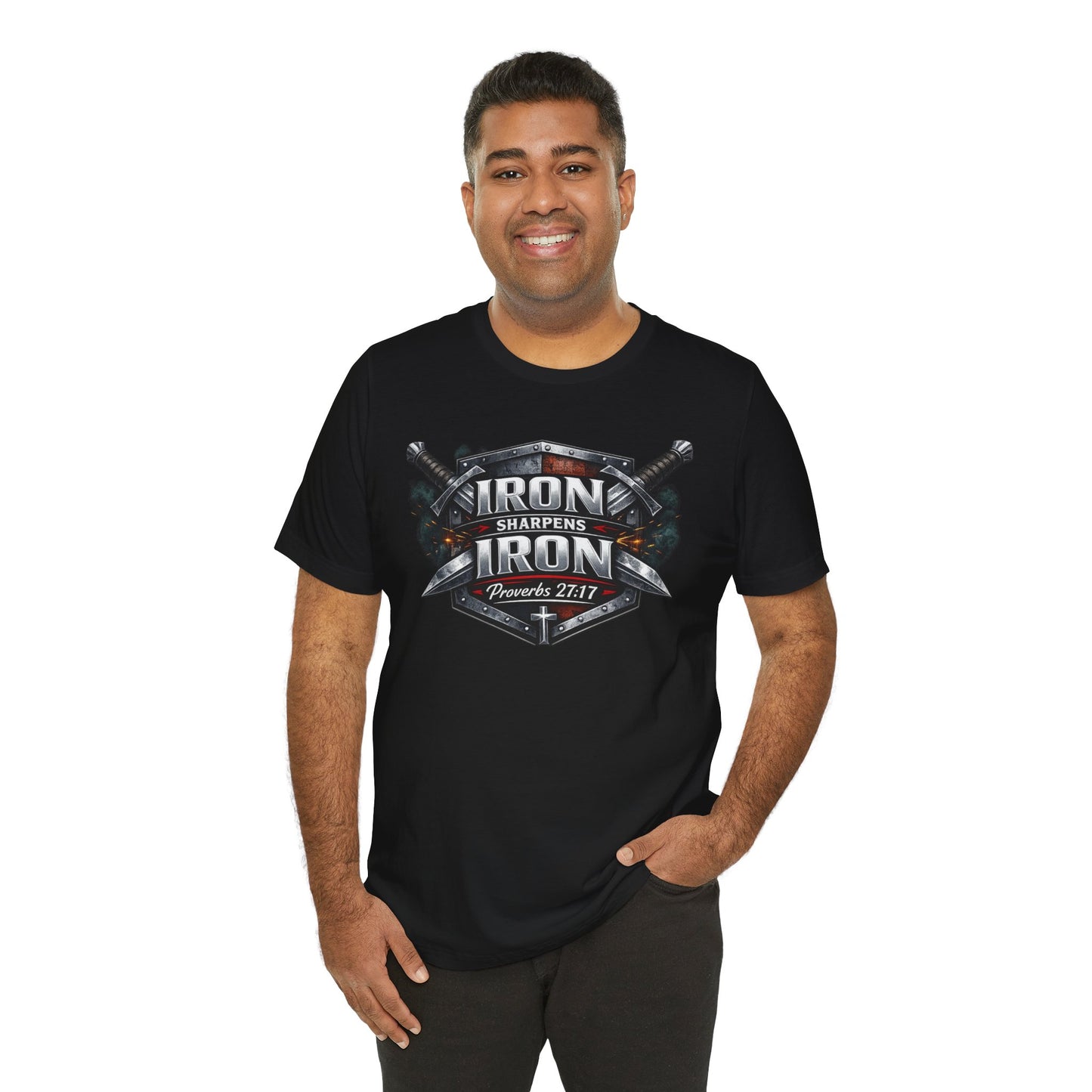Iron Sharpens Iron T-Shirt — Faith-Based Proverbs 27:17 Graphic Tee