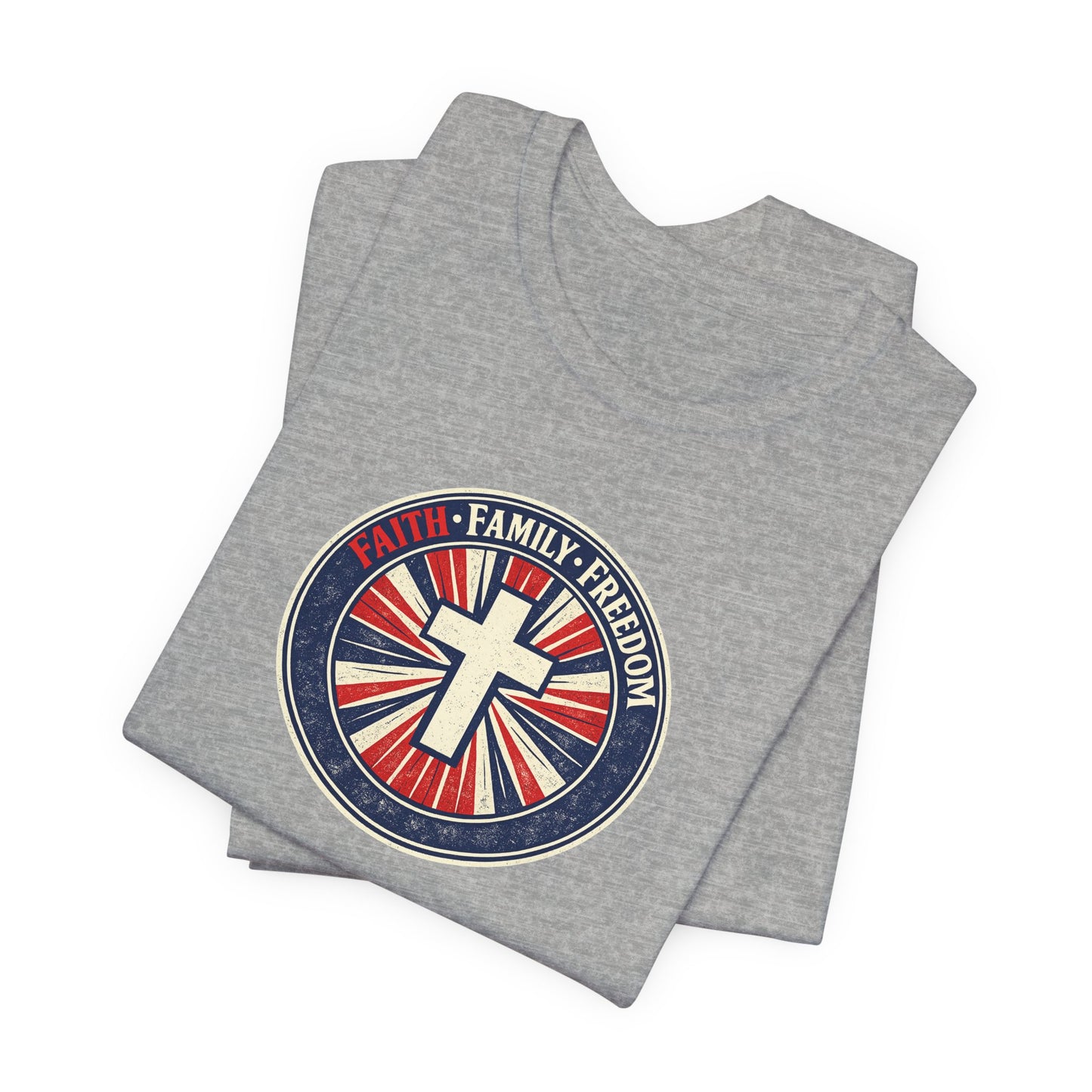 Faith Family Freedom T‑Shirt — Cross Emblem Patriotic Graphic Tee