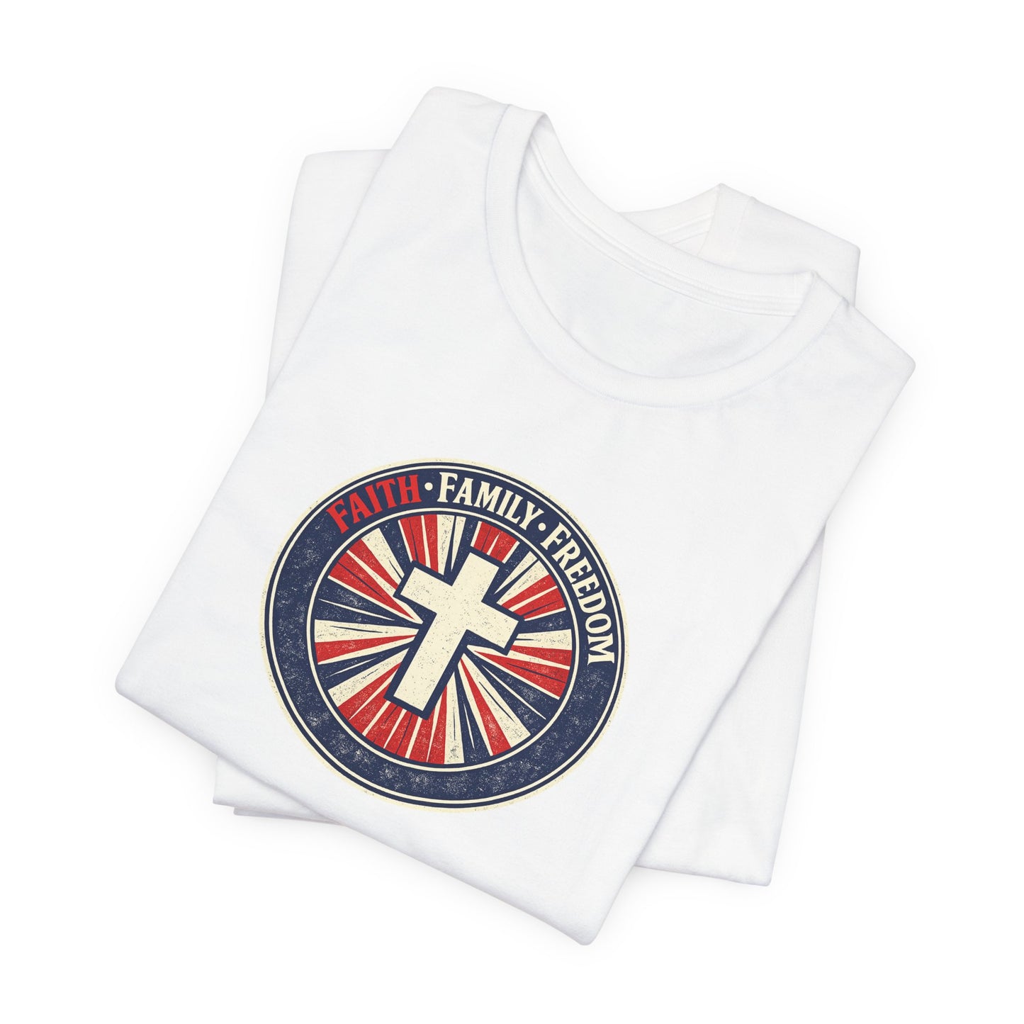 Faith Family Freedom T‑Shirt — Cross Emblem Patriotic Graphic Tee