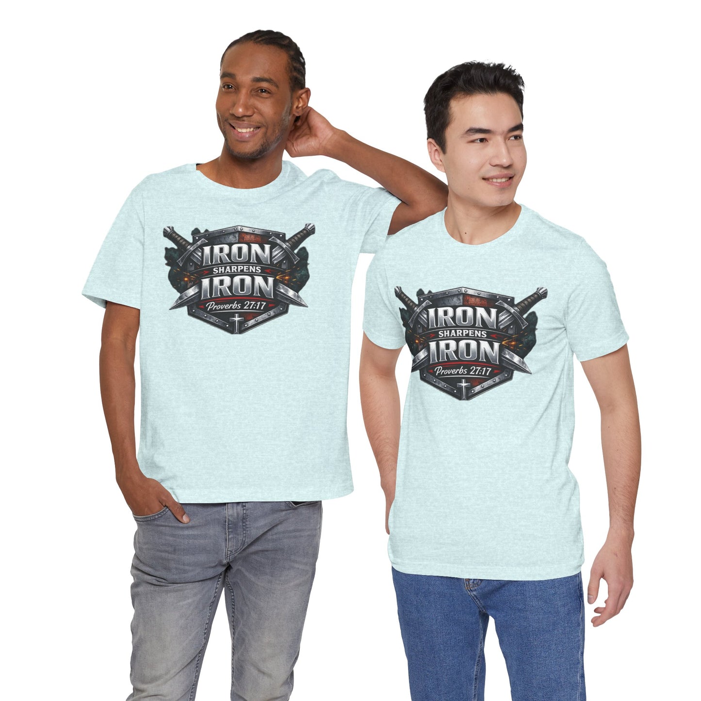 Iron Sharpens Iron T-Shirt — Faith-Based Proverbs 27:17 Graphic Tee