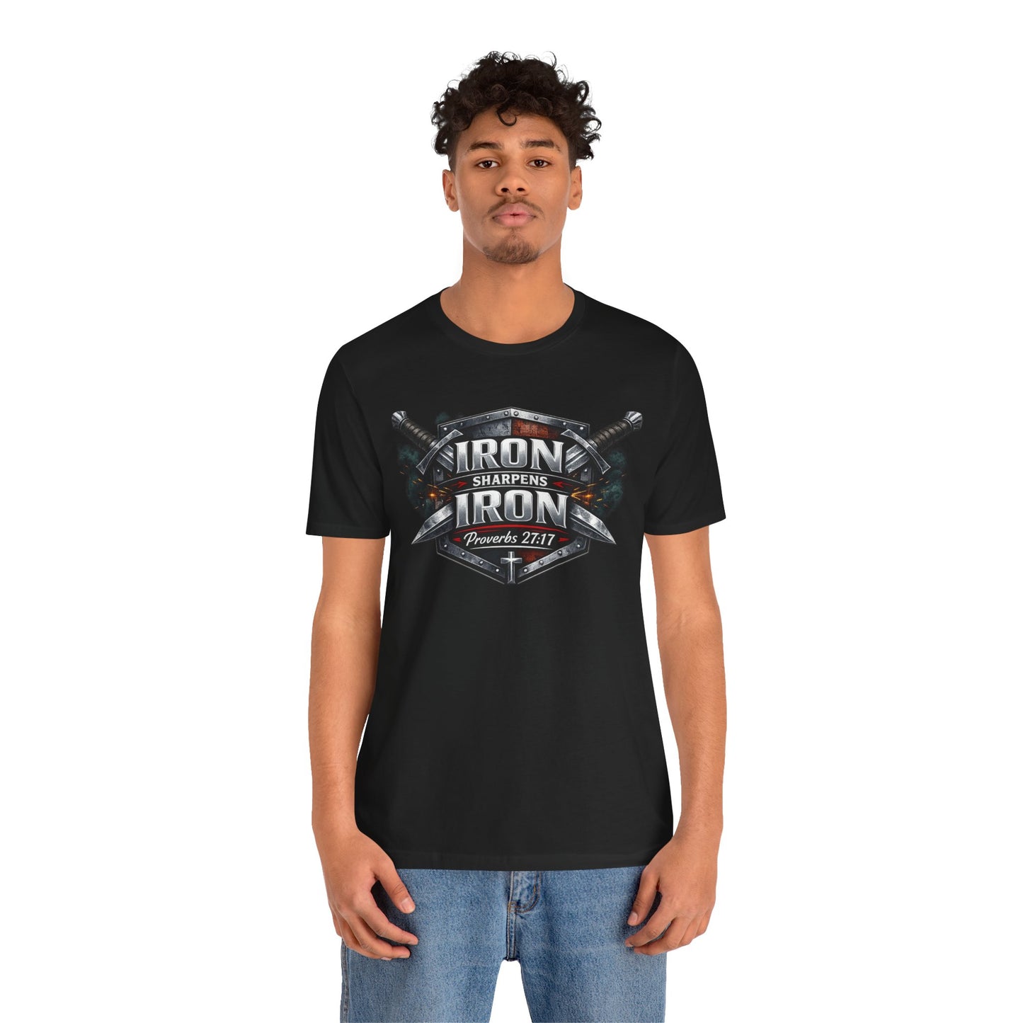 Iron Sharpens Iron T-Shirt — Faith-Based Proverbs 27:17 Graphic Tee