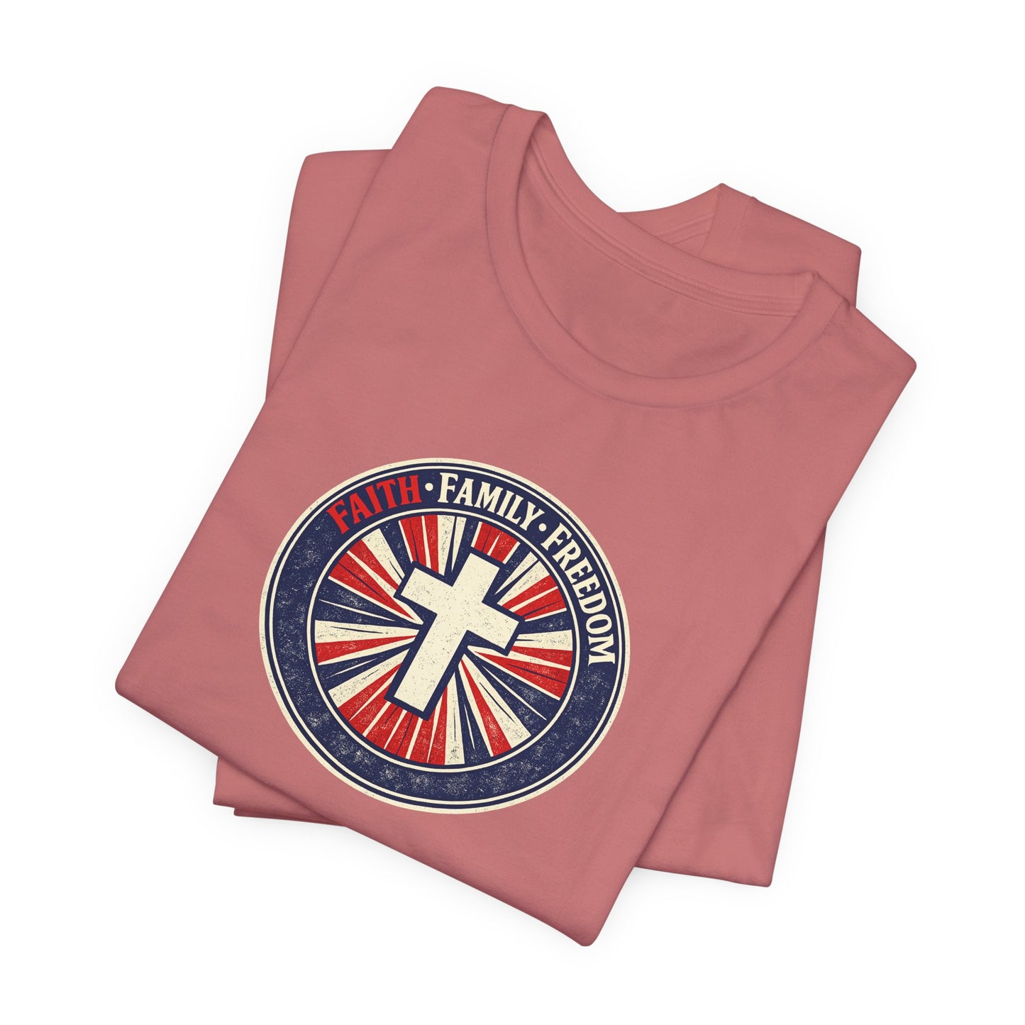 Faith Family Freedom T‑Shirt — Cross Emblem Patriotic Graphic Tee
