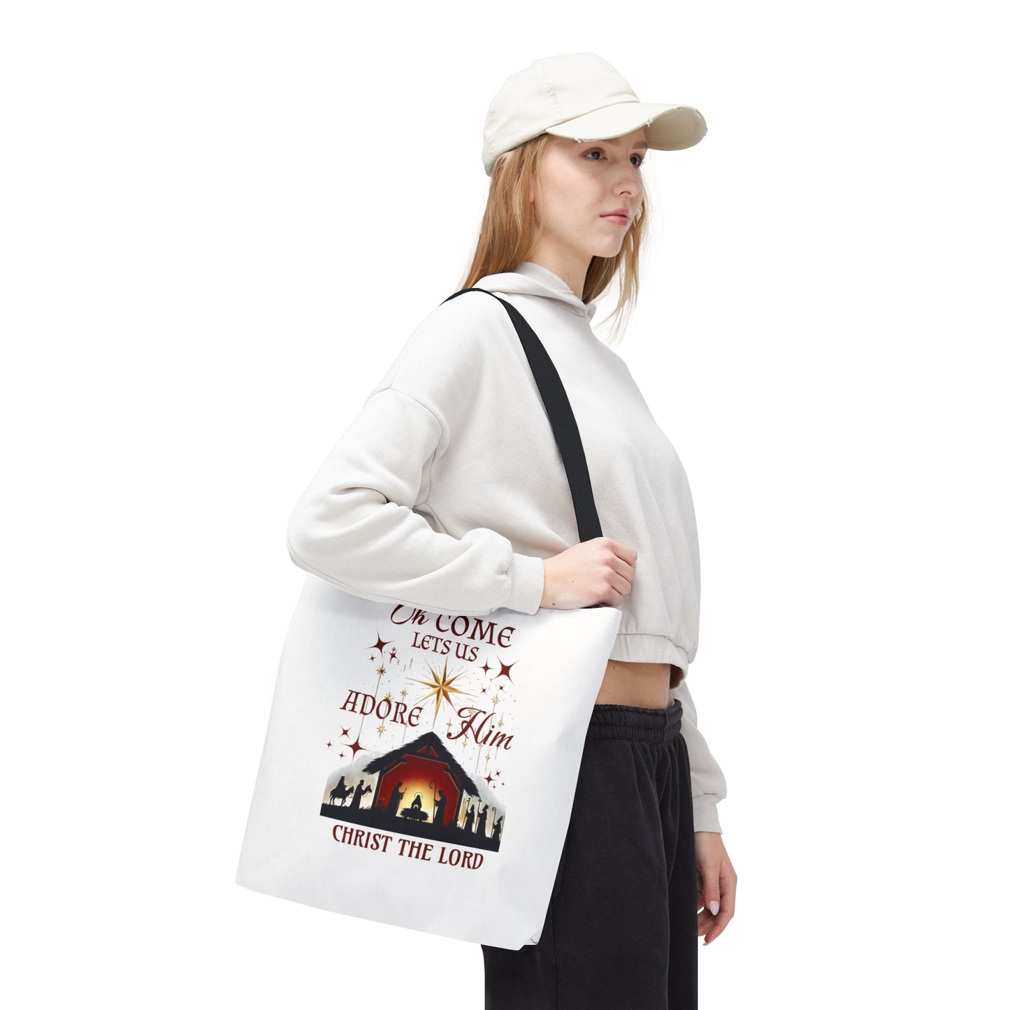 Nativity Scene Tote Bag with 'Oh come let us adore Him, Christ the Lord' Phrase