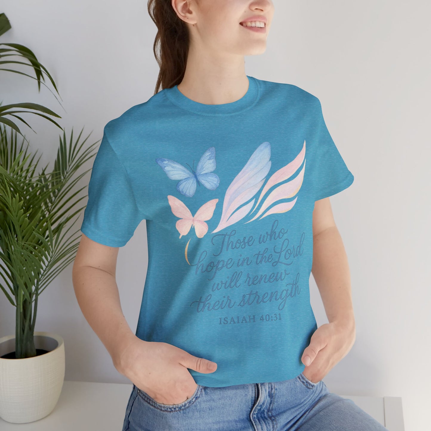 Inspirational Scripture T-Shirt – "Those Who Hope in the Lord" Isaiah 40:31, Pastel Butterflies