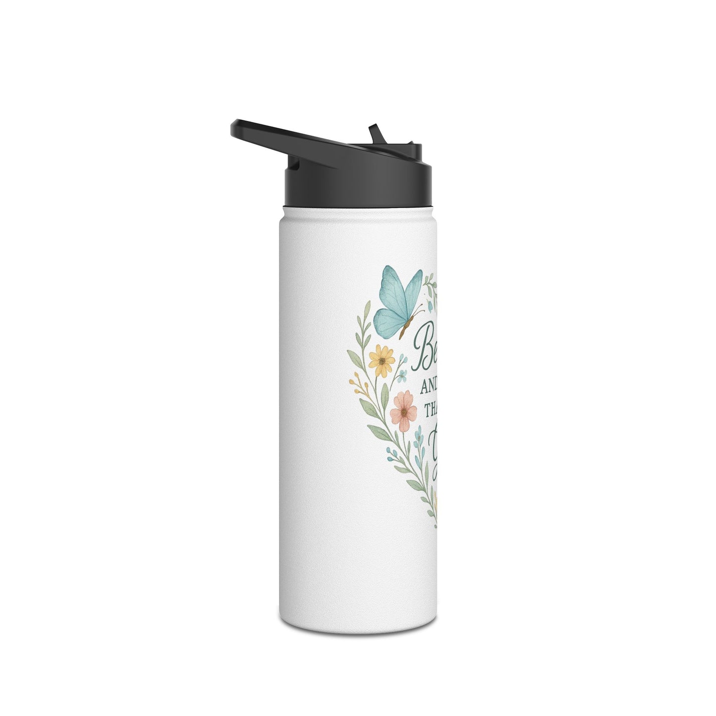 Christian Water Bottle — “Be Still and Know That I Am God” Floral Stainless Steel Bottle