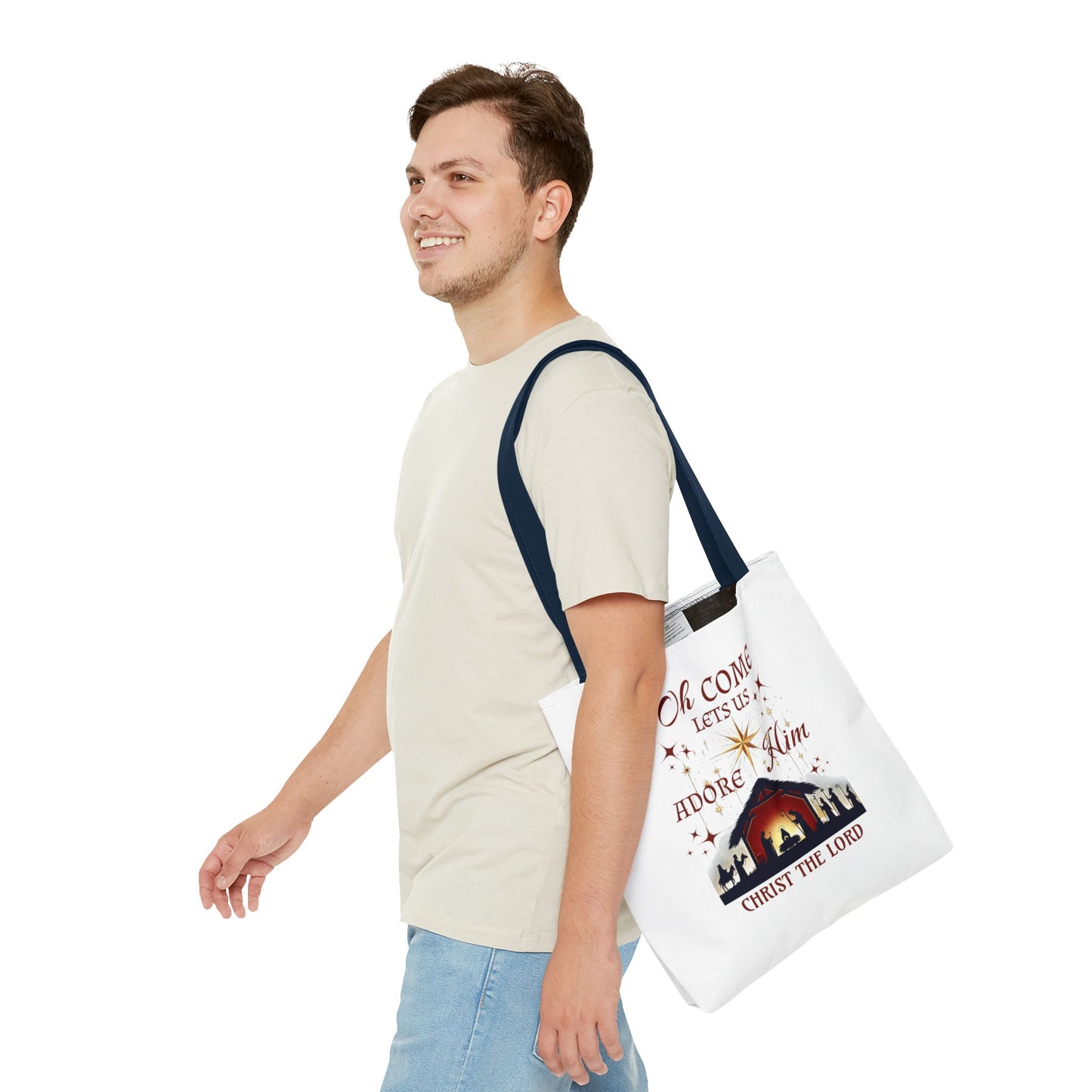 Nativity Scene Tote Bag with 'Oh come let us adore Him, Christ the Lord' Phrase