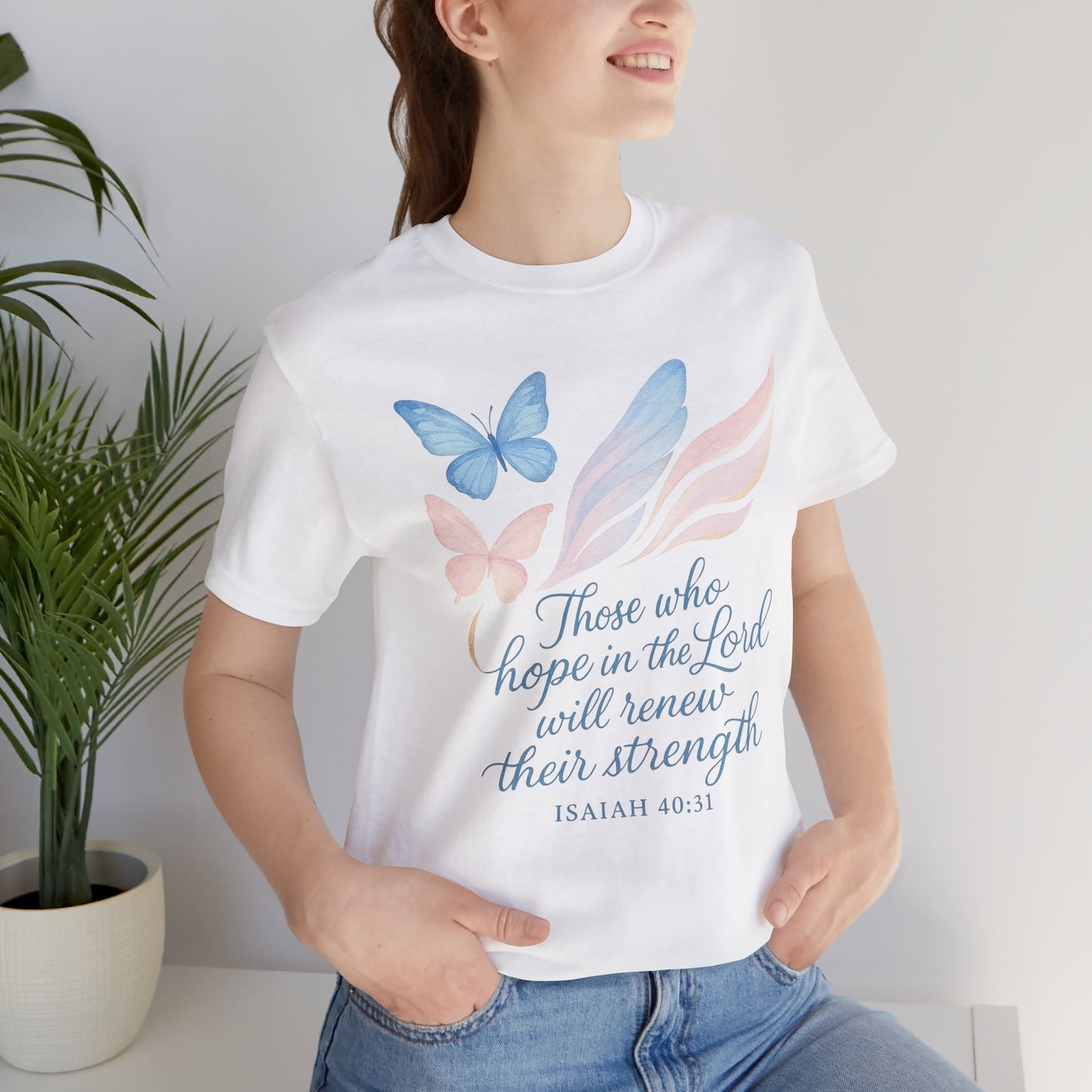 Inspirational Scripture T-Shirt – "Those Who Hope in the Lord" Isaiah 40:31, Pastel Butterflies