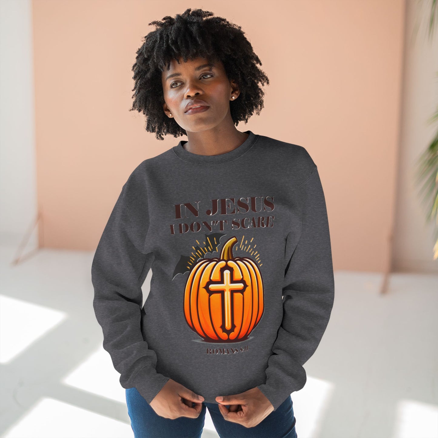 Christian Unisex Crewneck Sweatshirt with Bible Verse Romans 8:11 'IN JESUS I DON'T SCARE'