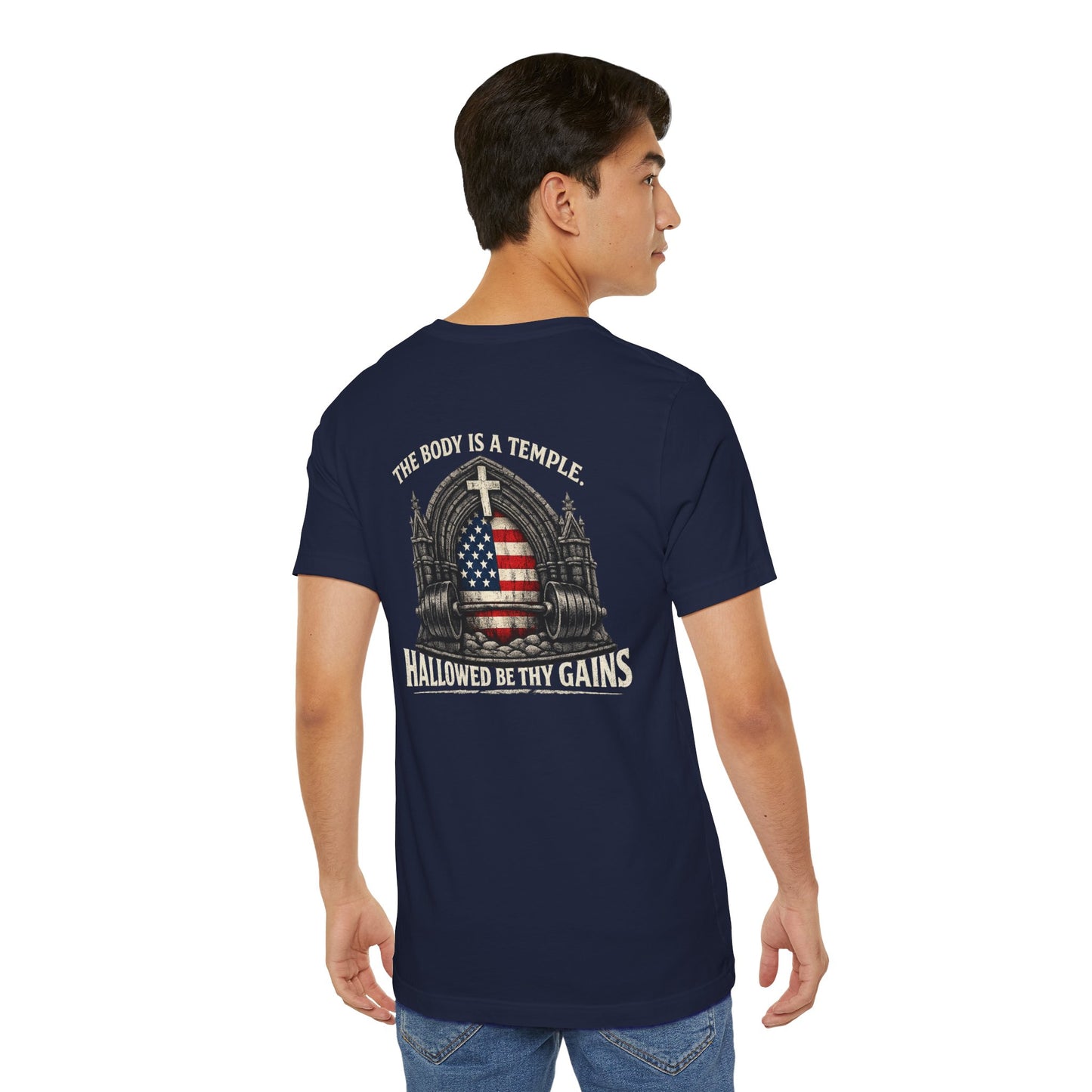 Patriotic Gym Tee — “The Body Is a Temple” American Flag Fitness T-Shirt