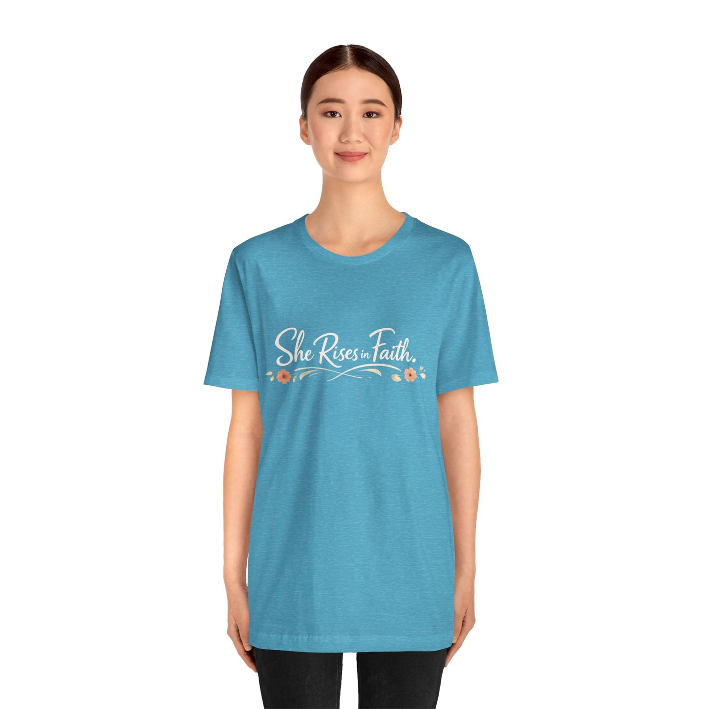 "She Rises In Faith" Chest Tee – Delicate Peach Blossom Graphic