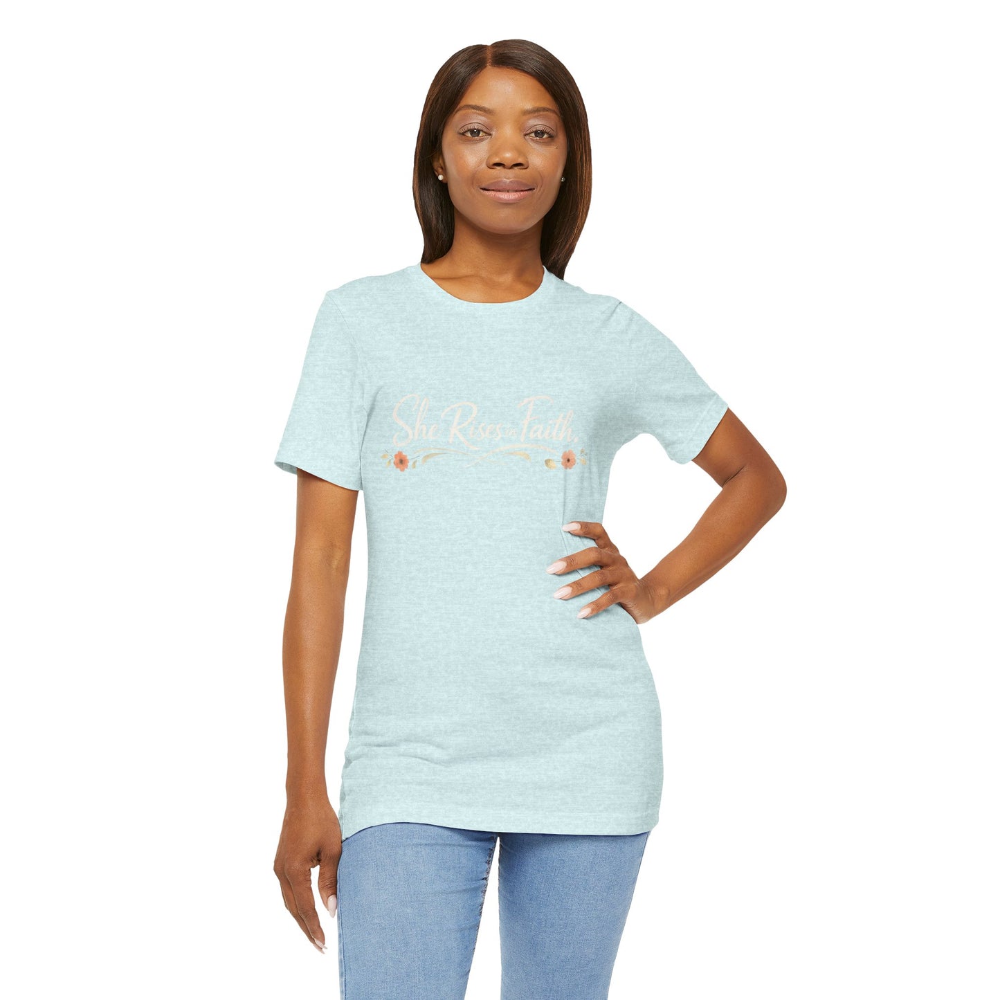 "She Rises In Faith" Chest Tee – Delicate Peach Blossom Graphic