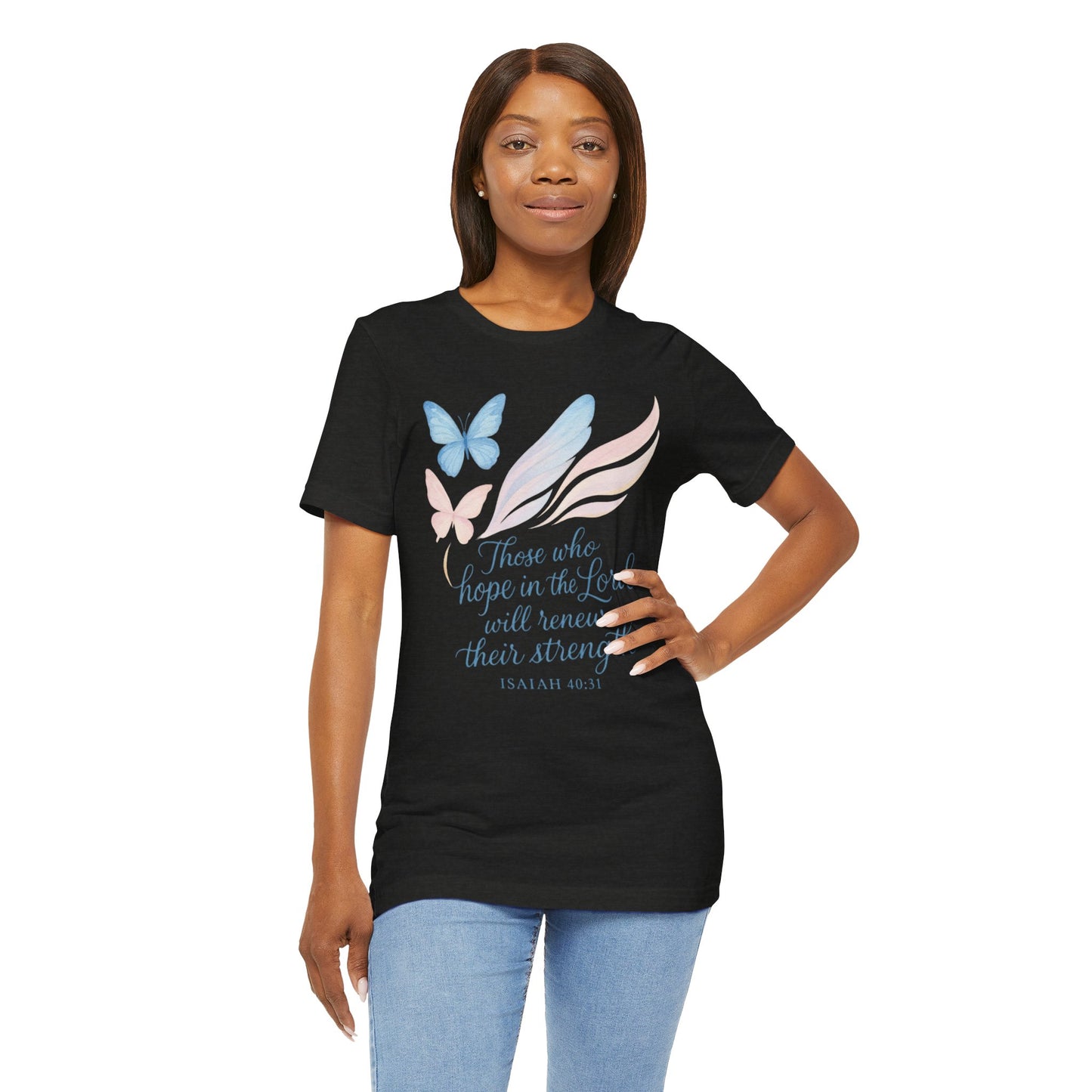 Inspirational Scripture T-Shirt – "Those Who Hope in the Lord" Isaiah 40:31, Pastel Butterflies