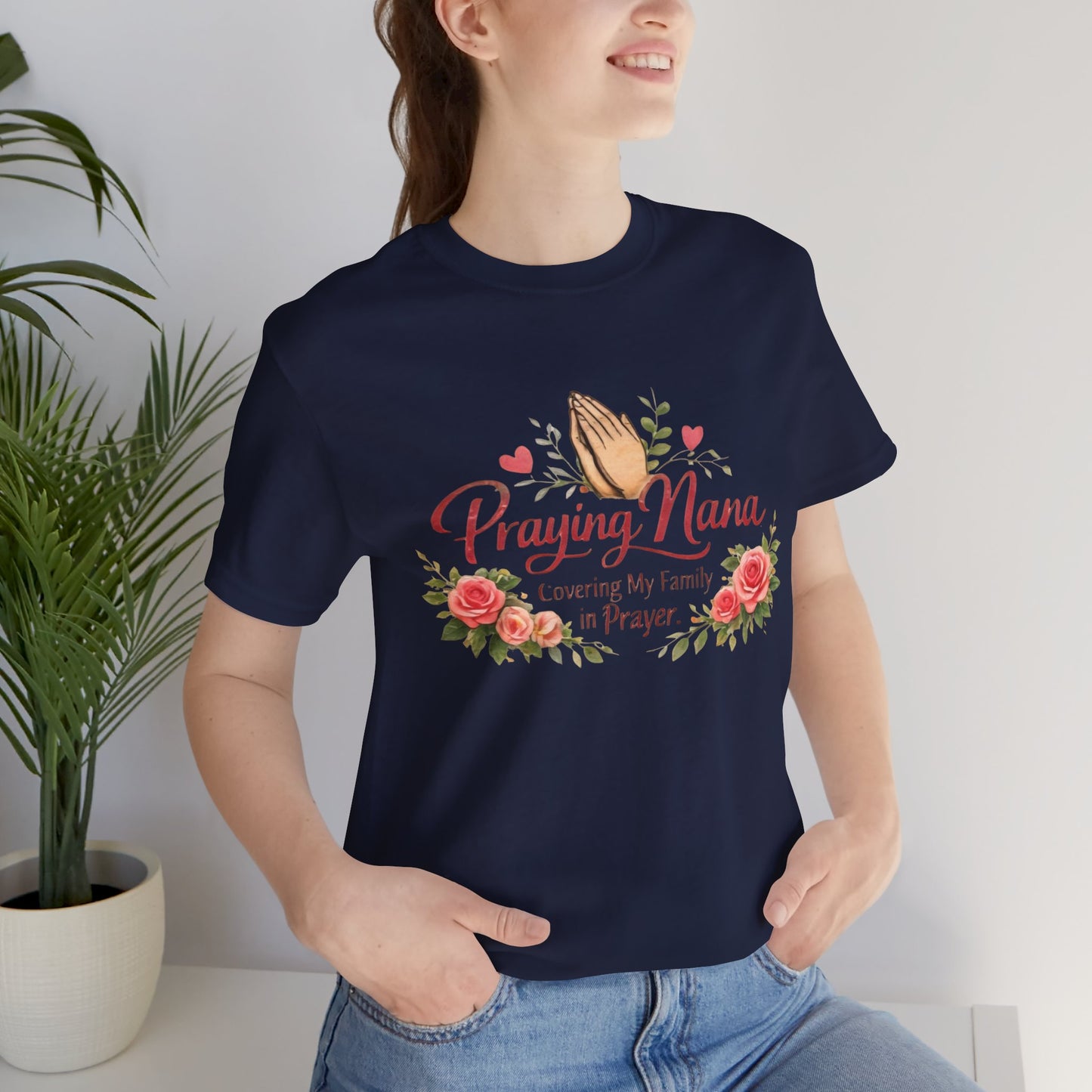 Praying Nana T-Shirt – Floral Praying Hands "Covering My Family in Prayer" Grandma Gift
