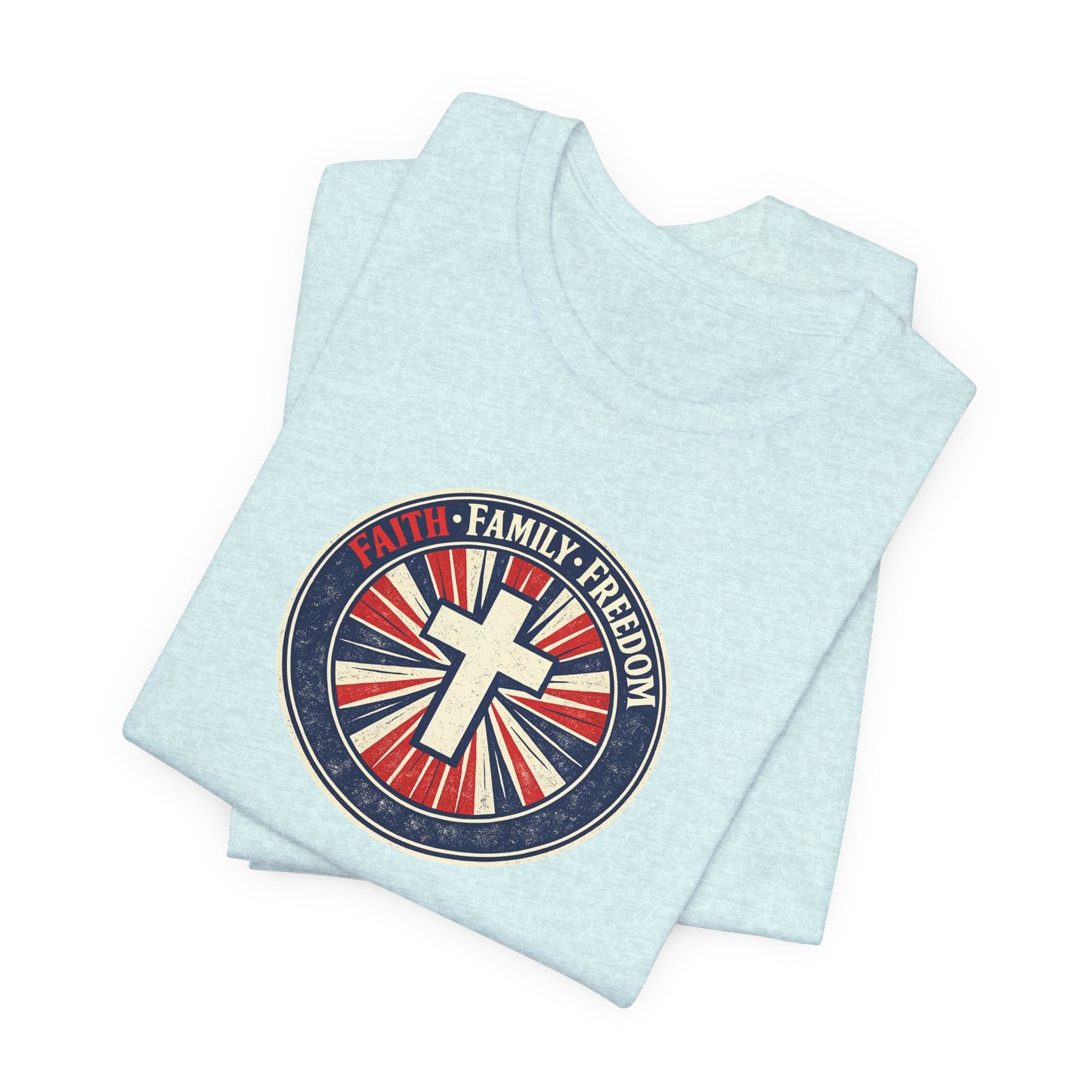 Faith Family Freedom T‑Shirt — Cross Emblem Patriotic Graphic Tee