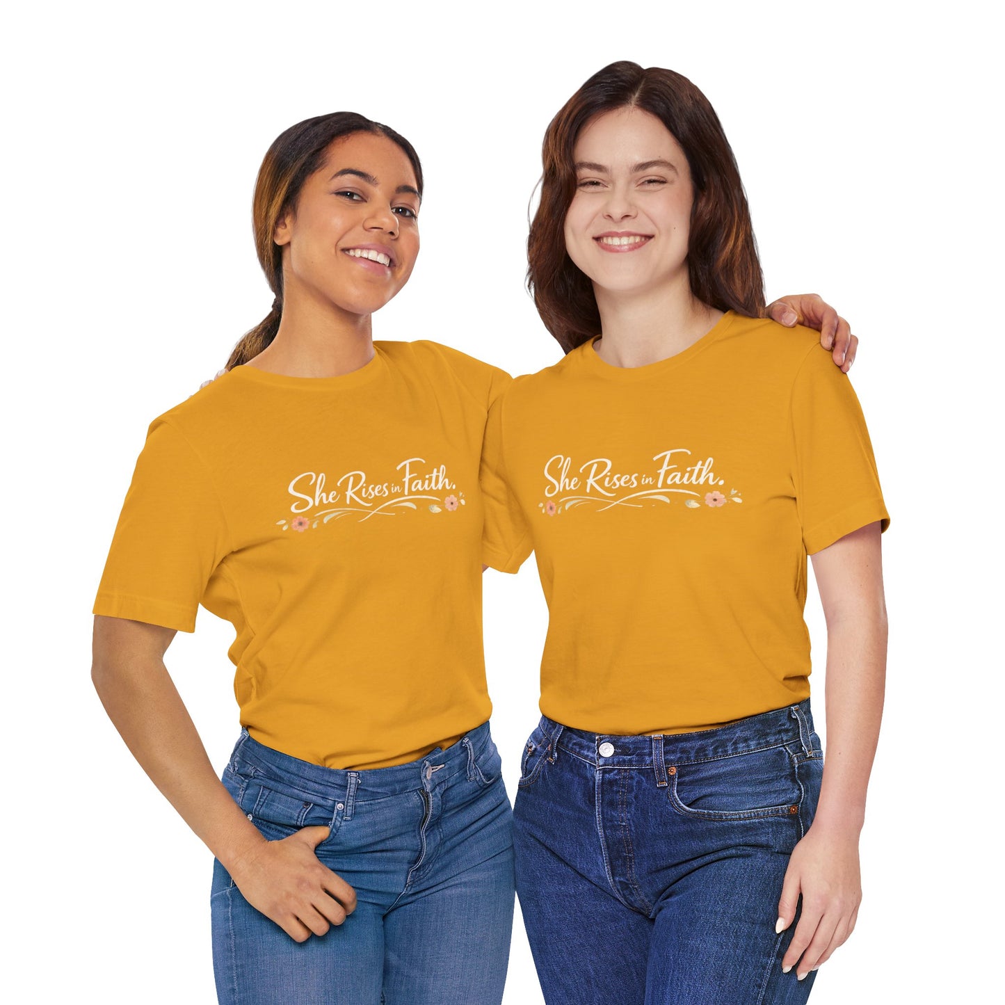 "She Rises In Faith" Chest Tee – Delicate Peach Blossom Graphic