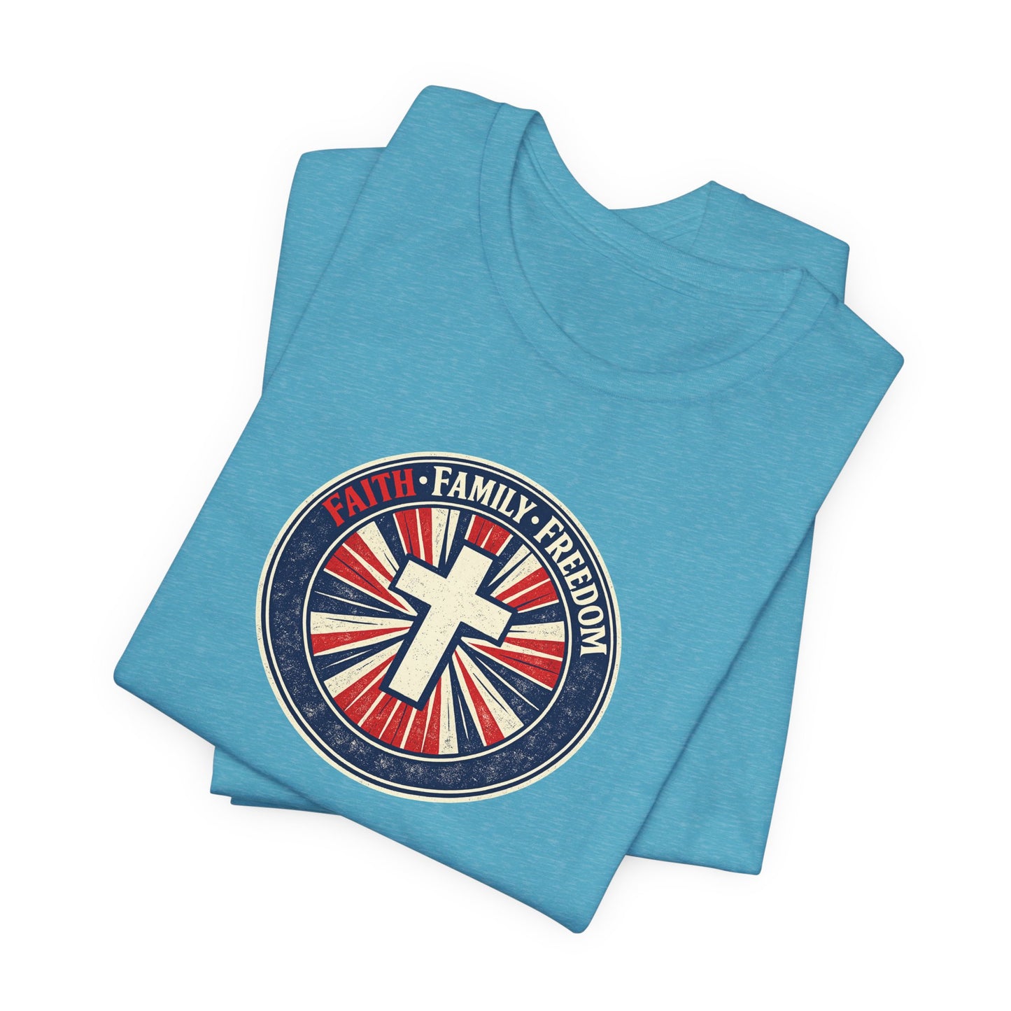 Faith Family Freedom T‑Shirt — Cross Emblem Patriotic Graphic Tee