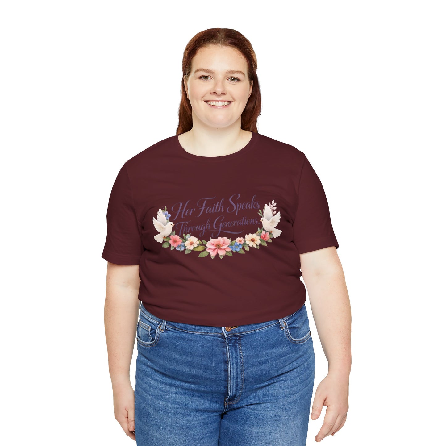 Her Faith Speaks Through Generations T-Shirt — Floral Inspirational Christian Tee