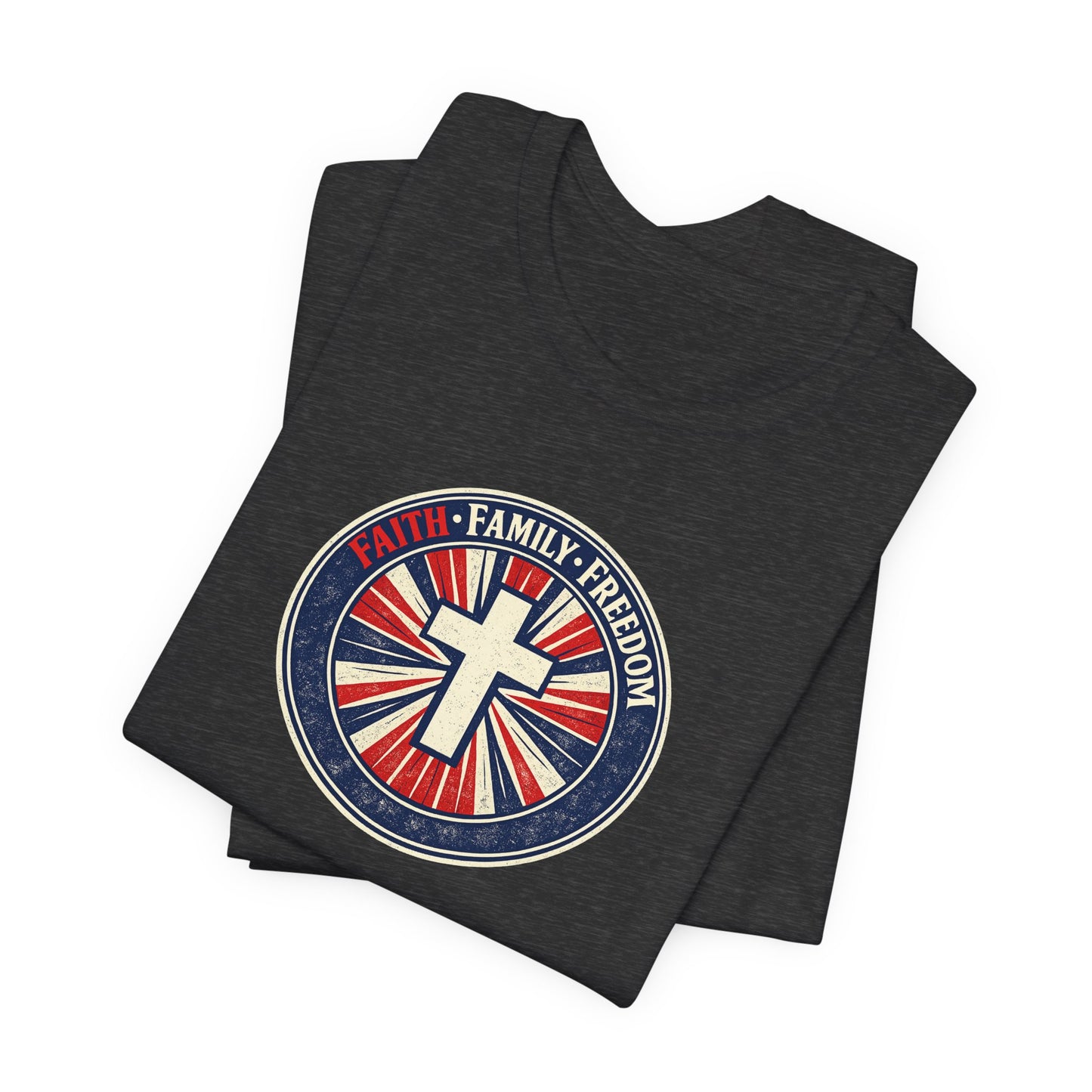 Faith Family Freedom T‑Shirt — Cross Emblem Patriotic Graphic Tee