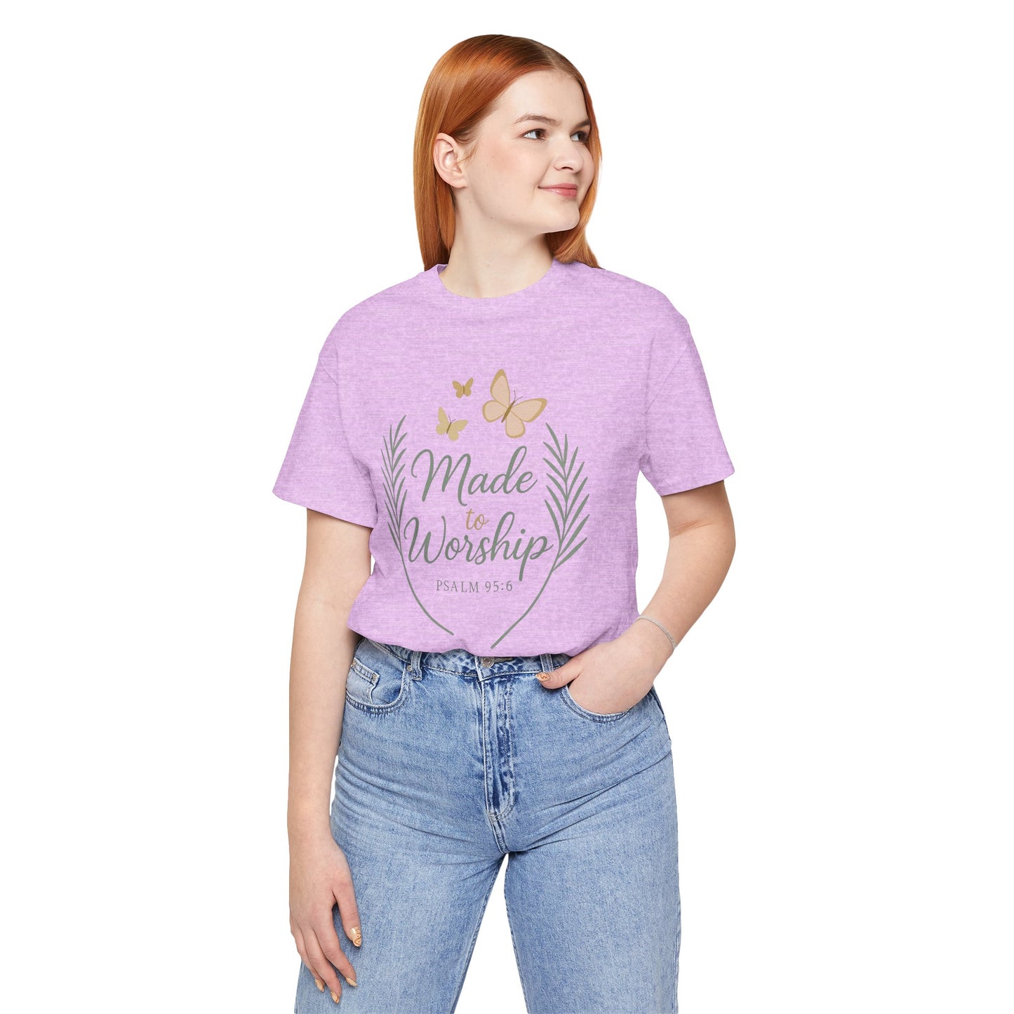 Made to Worship T-Shirt – Psalm 95:6 Christian Faith Tee with Butterflies