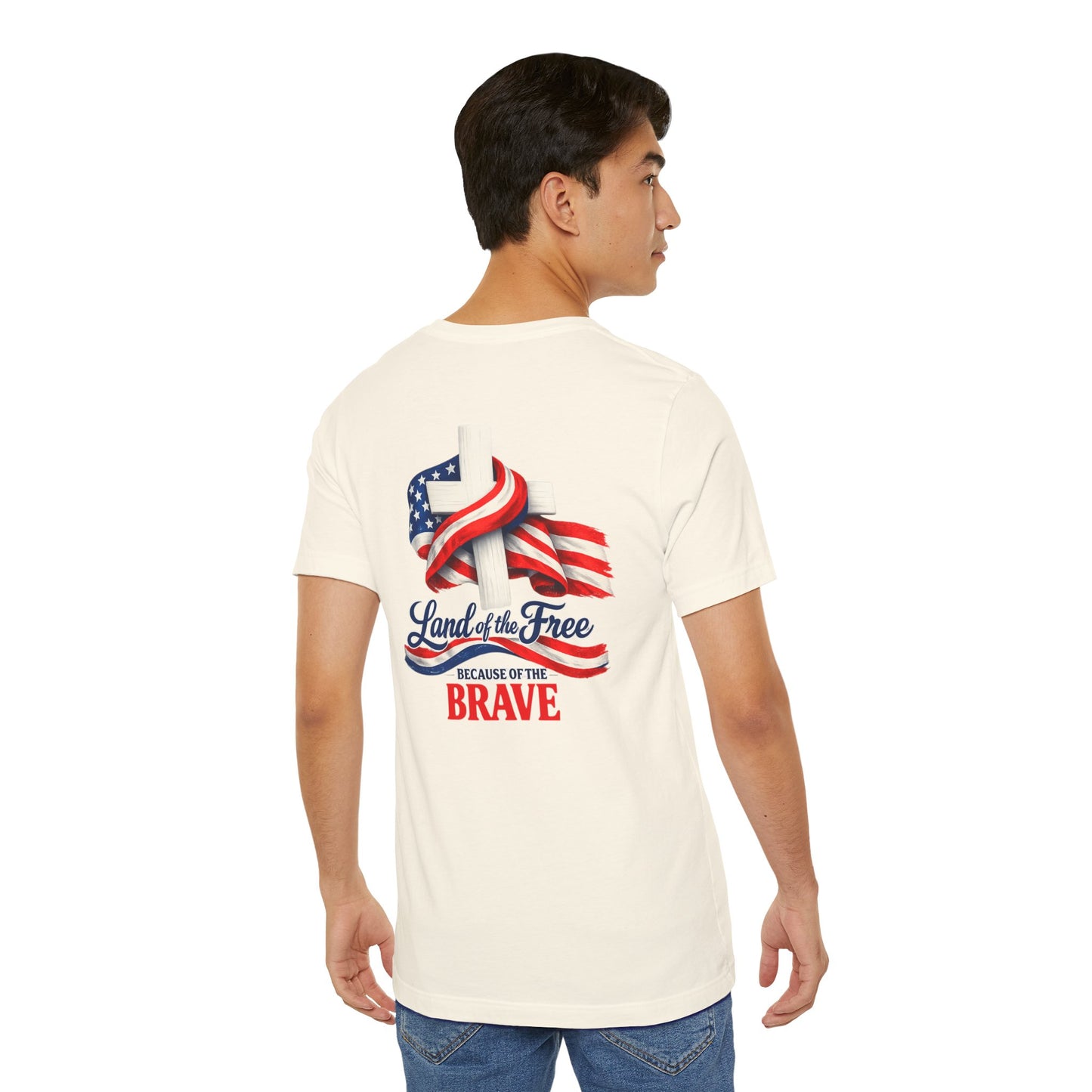 Land of the Free Because of the Brave Tee - Patriotic American Flag Cross T-Shirt